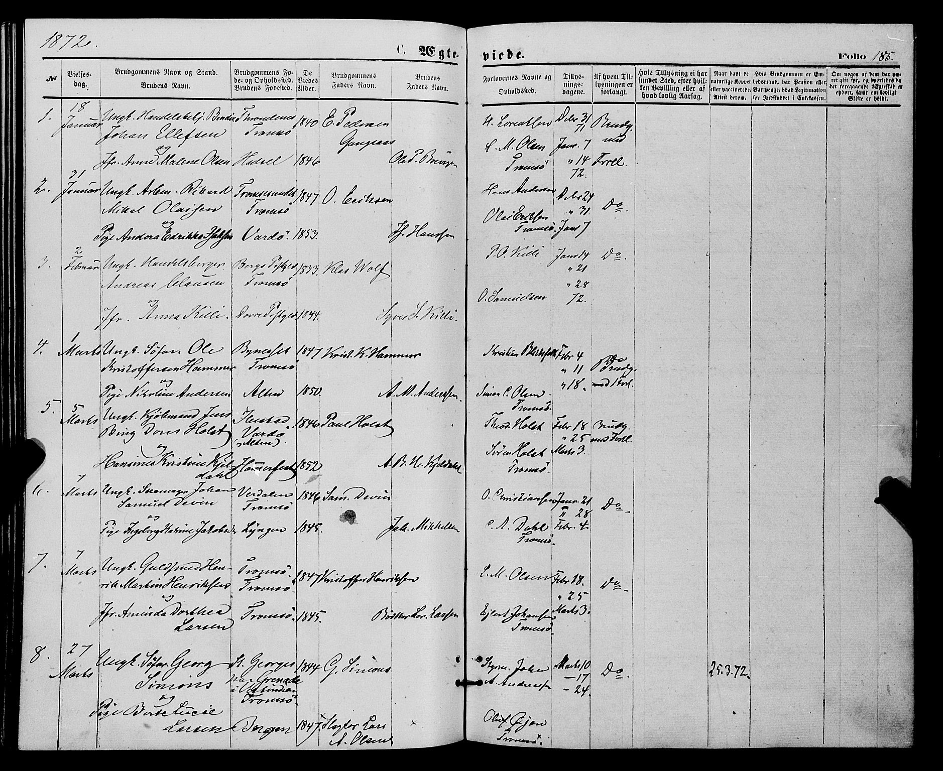 Tromsø sokneprestkontor/stiftsprosti/domprosti, SATØ/S-1343/G/Ga/L0013kirke: Parish register (official) no. 13, 1872-1877, p. 185