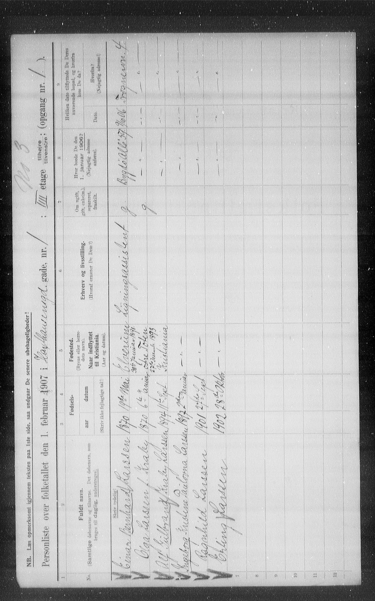 OBA, Municipal Census 1907 for Kristiania, 1907, p. 18376