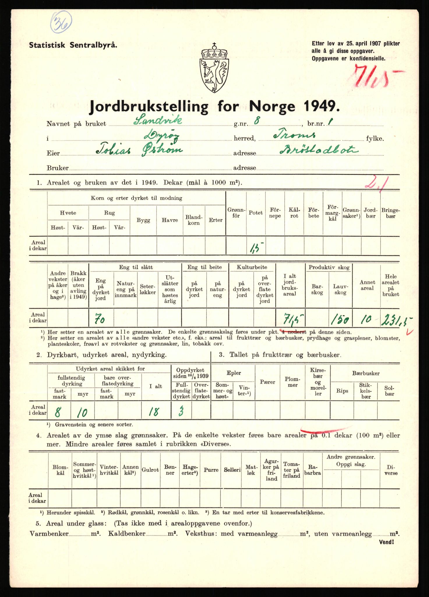 Statistisk sentralbyrå, Næringsøkonomiske emner, Jordbruk, skogbruk, jakt, fiske og fangst, AV/RA-S-2234/G/Gc/L0440: Troms: Sørreisa og Dyrøy, 1949, p. 1606