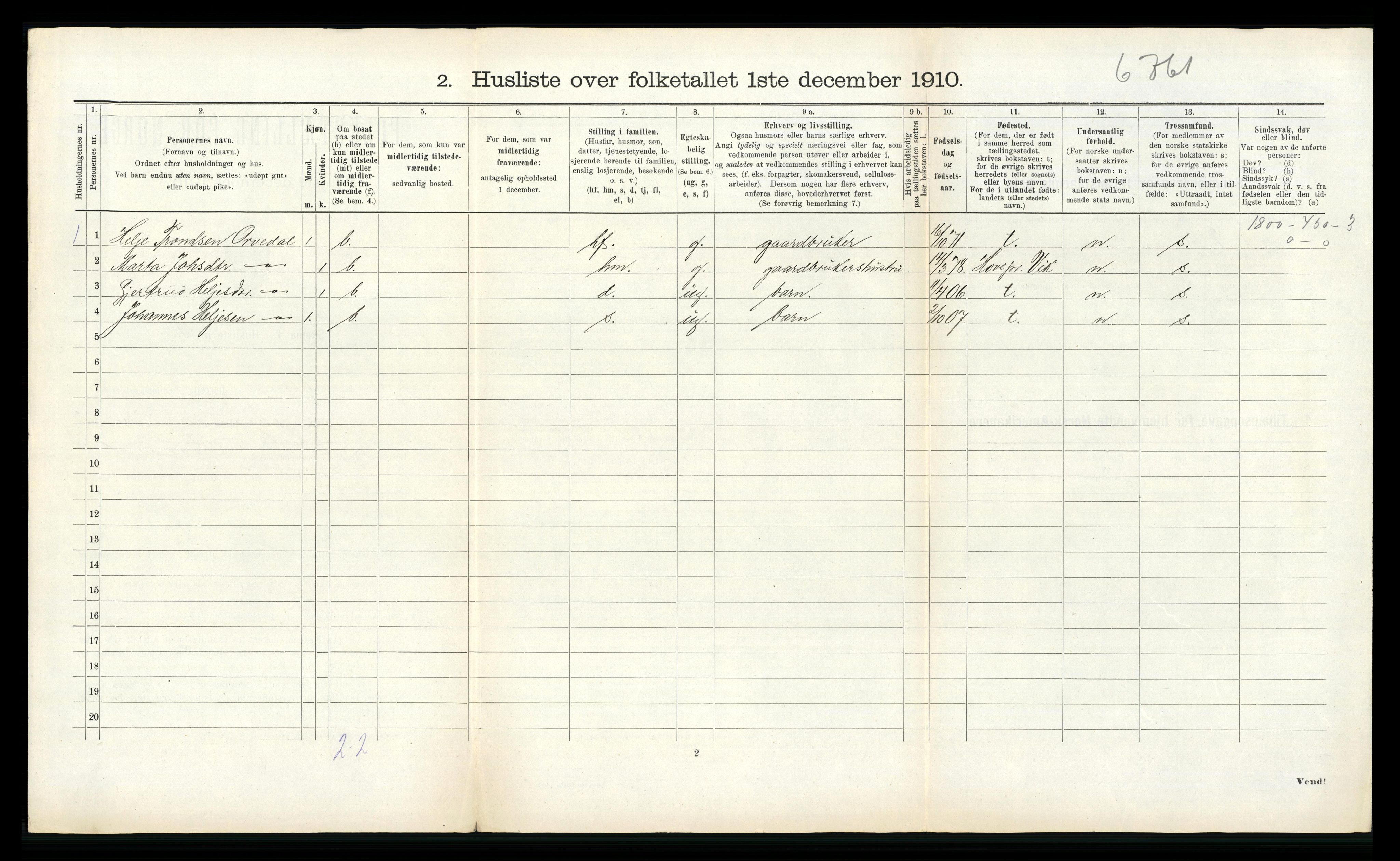 RA, 1910 census for Vik, 1910, p. 264