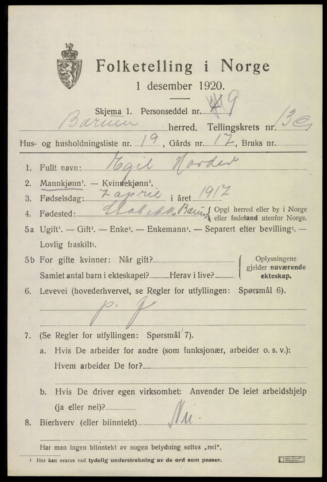 SAO, 1920 census for Bærum, 1920, p. 40228