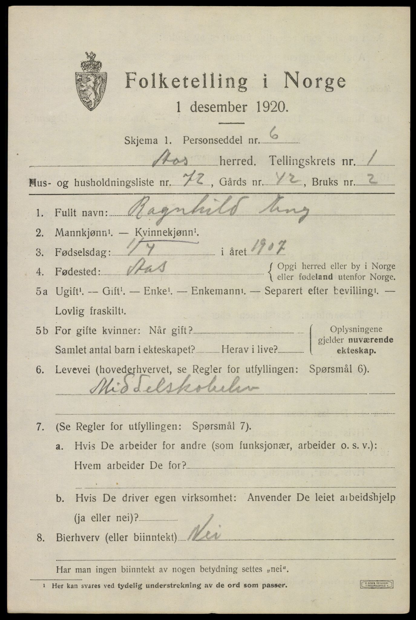 SAO, 1920 census for Ås, 1920, p. 2086