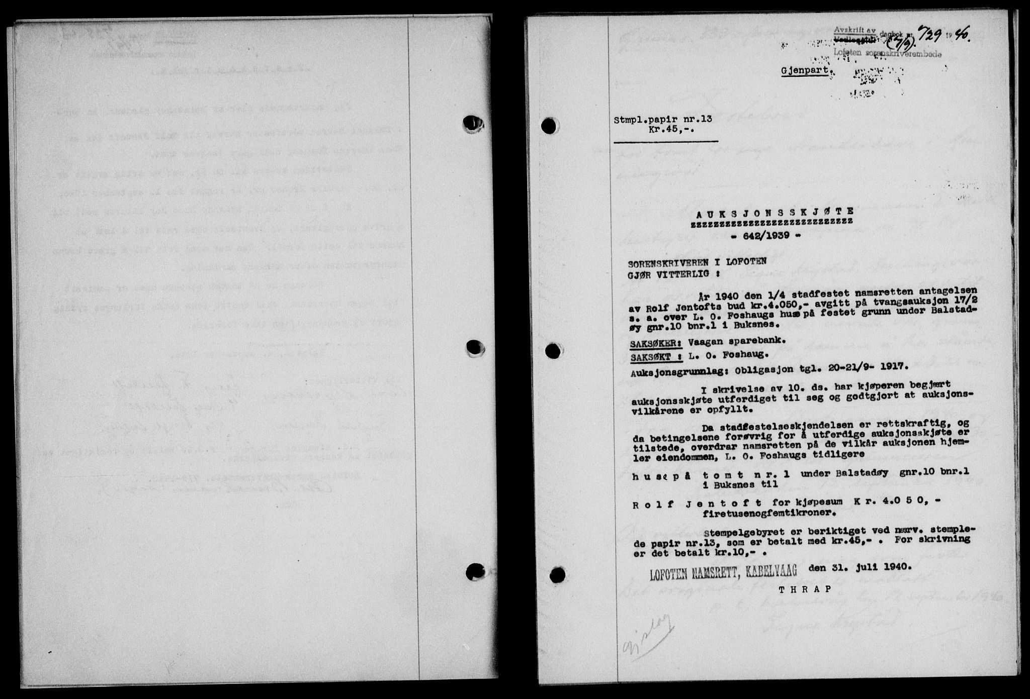 Lofoten sorenskriveri, SAT/A-0017/1/2/2C/L0007a: Mortgage book no. 7a, 1939-1940, Diary no: : 729/1940