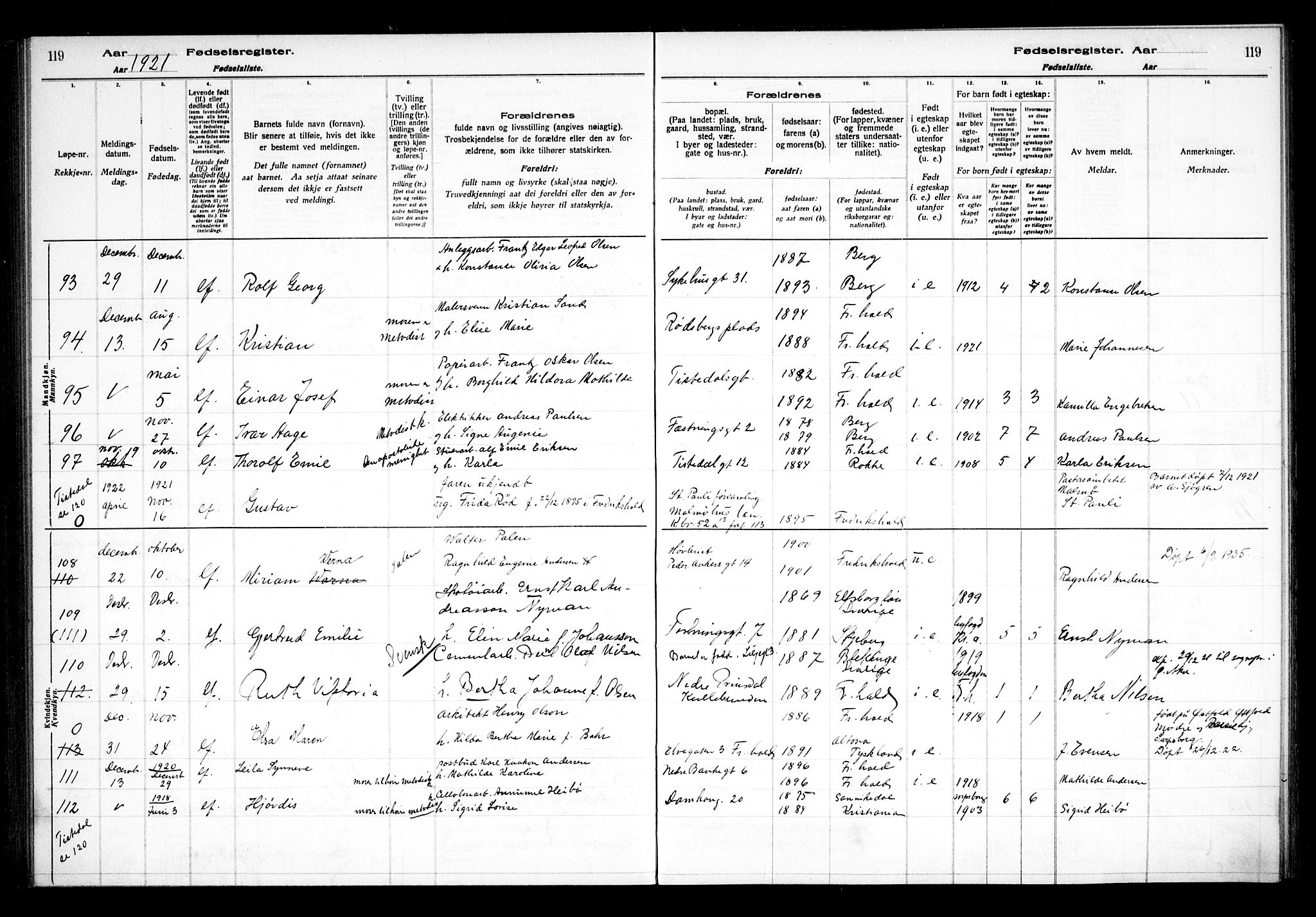 Halden prestekontor Kirkebøker, AV/SAO-A-10909/J/Ja/L0001: Birth register no. I 1, 1916-1925, p. 119