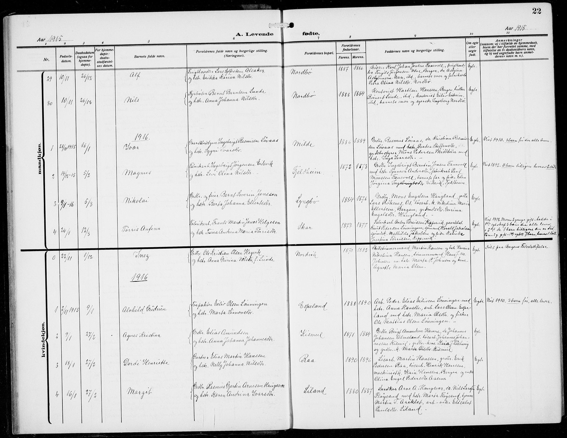 Fana Sokneprestembete, SAB/A-75101/H/Hab/Haba/L0005: Parish register (copy) no. A 5, 1911-1932, p. 22