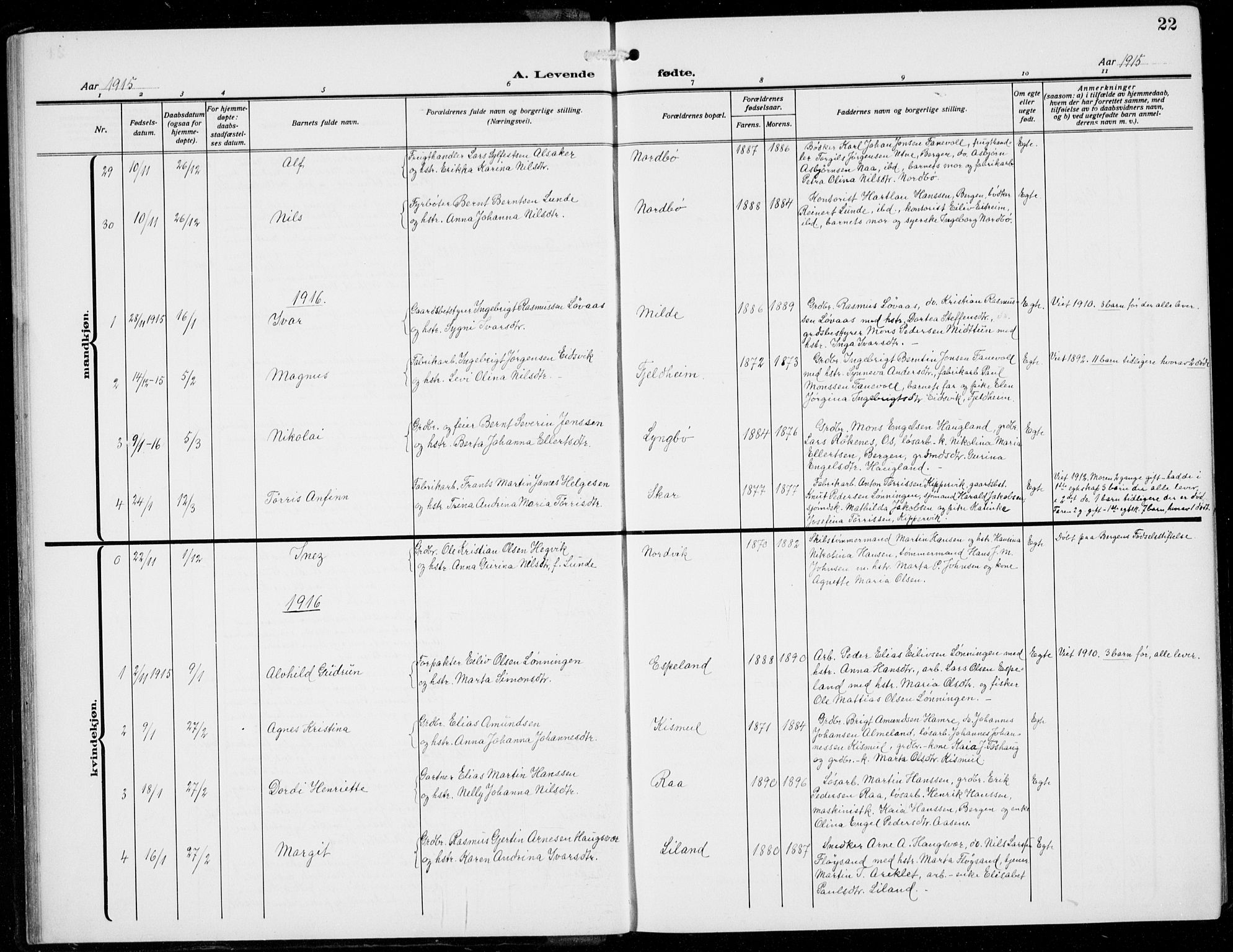 Fana Sokneprestembete, AV/SAB-A-75101/H/Hab/Haba/L0005: Parish register (copy) no. A 5, 1911-1932, p. 22