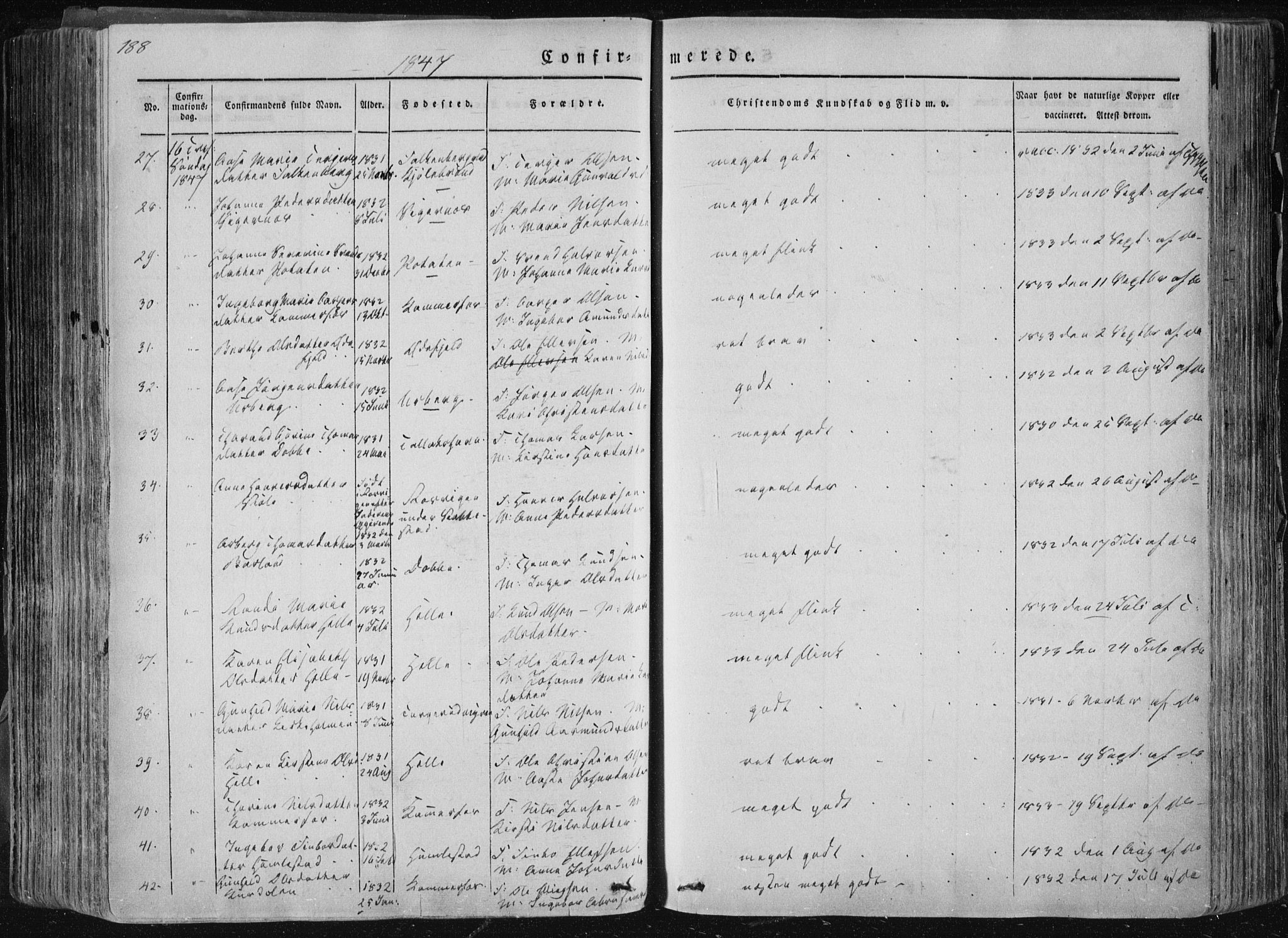 Sannidal kirkebøker, AV/SAKO-A-296/F/Fa/L0007: Parish register (official) no. 7, 1831-1854, p. 188