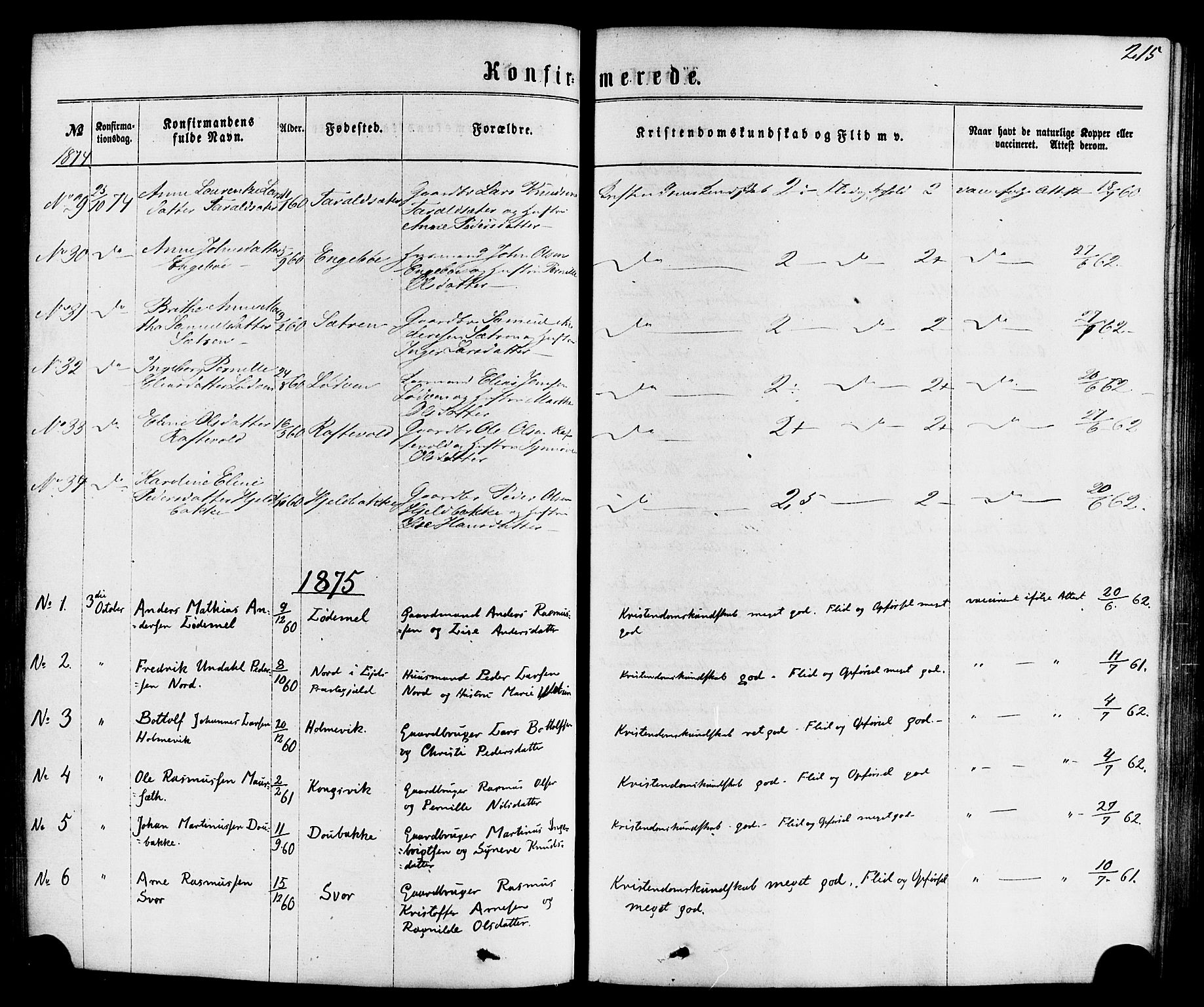 Hornindal sokneprestembete, SAB/A-82401/H/Haa/Haaa/L0002: Parish register (official) no. A 2, 1867-1884, p. 215
