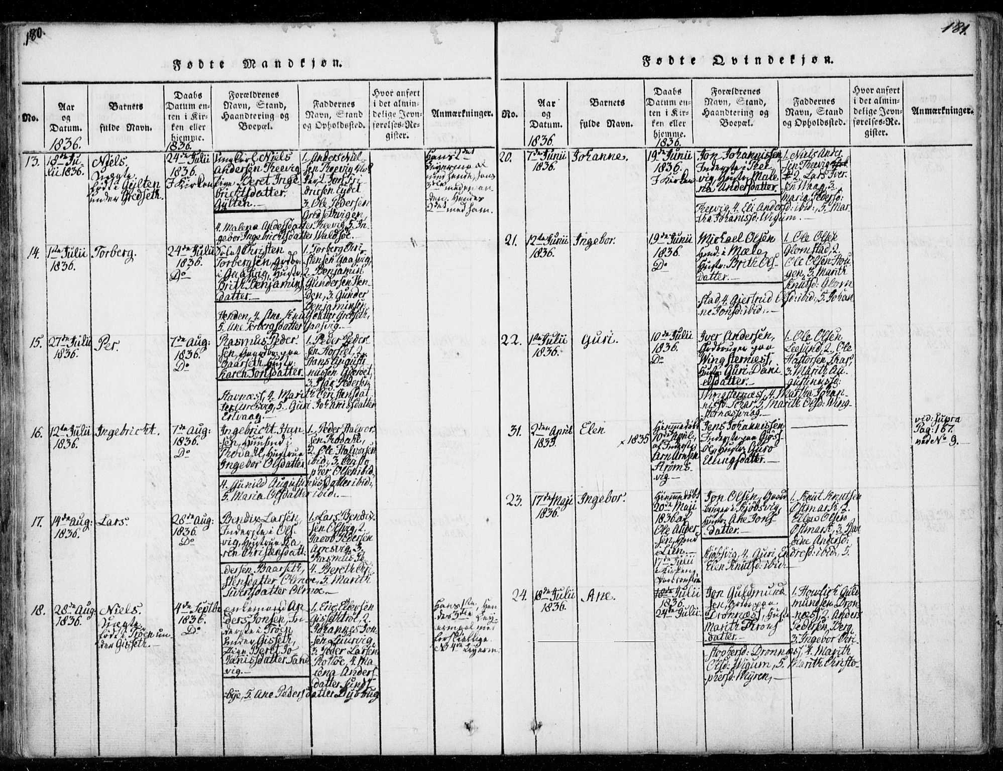 Ministerialprotokoller, klokkerbøker og fødselsregistre - Møre og Romsdal, AV/SAT-A-1454/578/L0903: Parish register (official) no. 578A02, 1819-1838, p. 180-181