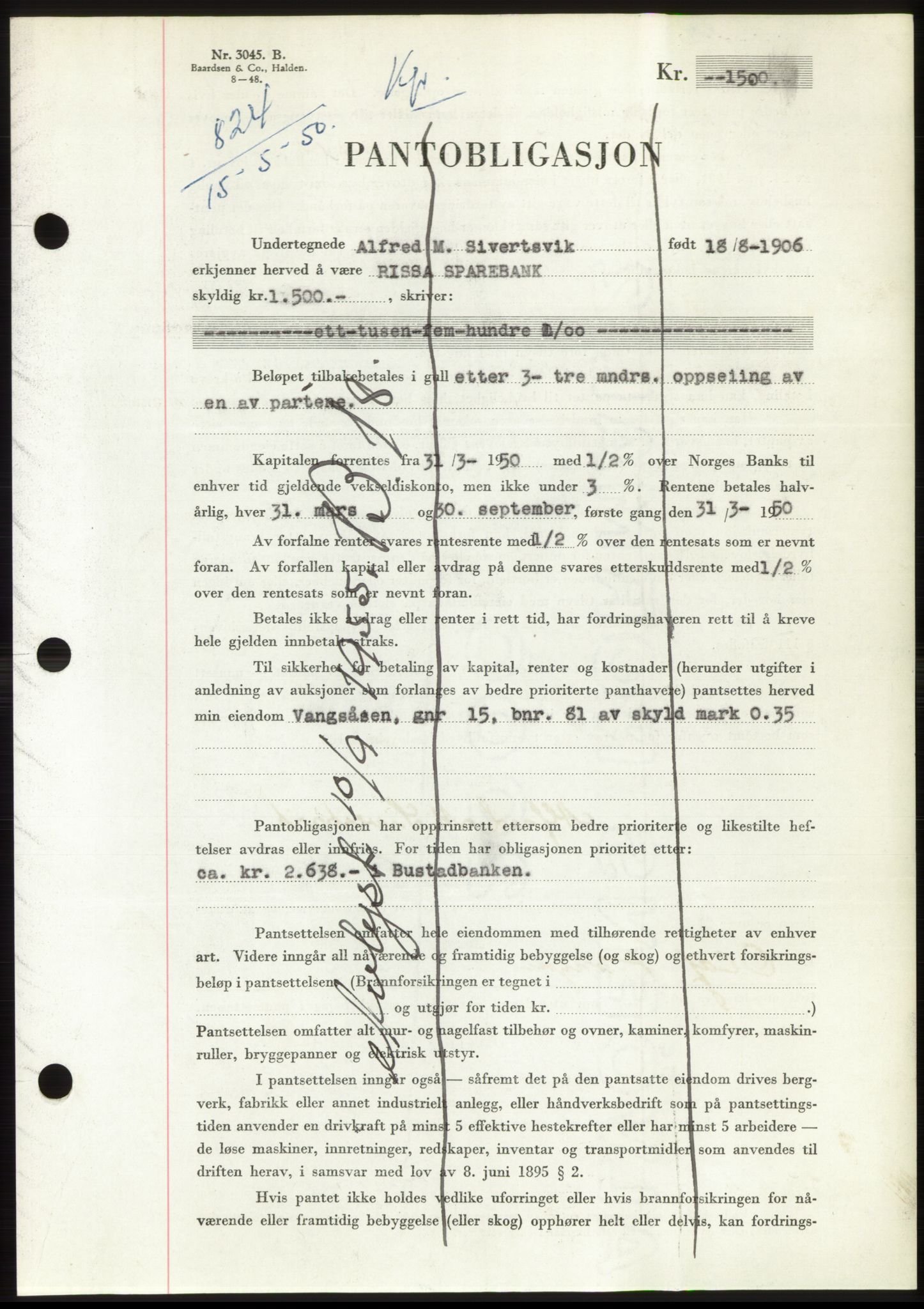 Fosen sorenskriveri, AV/SAT-A-1107/1/2/2C: Mortgage book no. B, 1948-1950, Diary no: : 824/1950