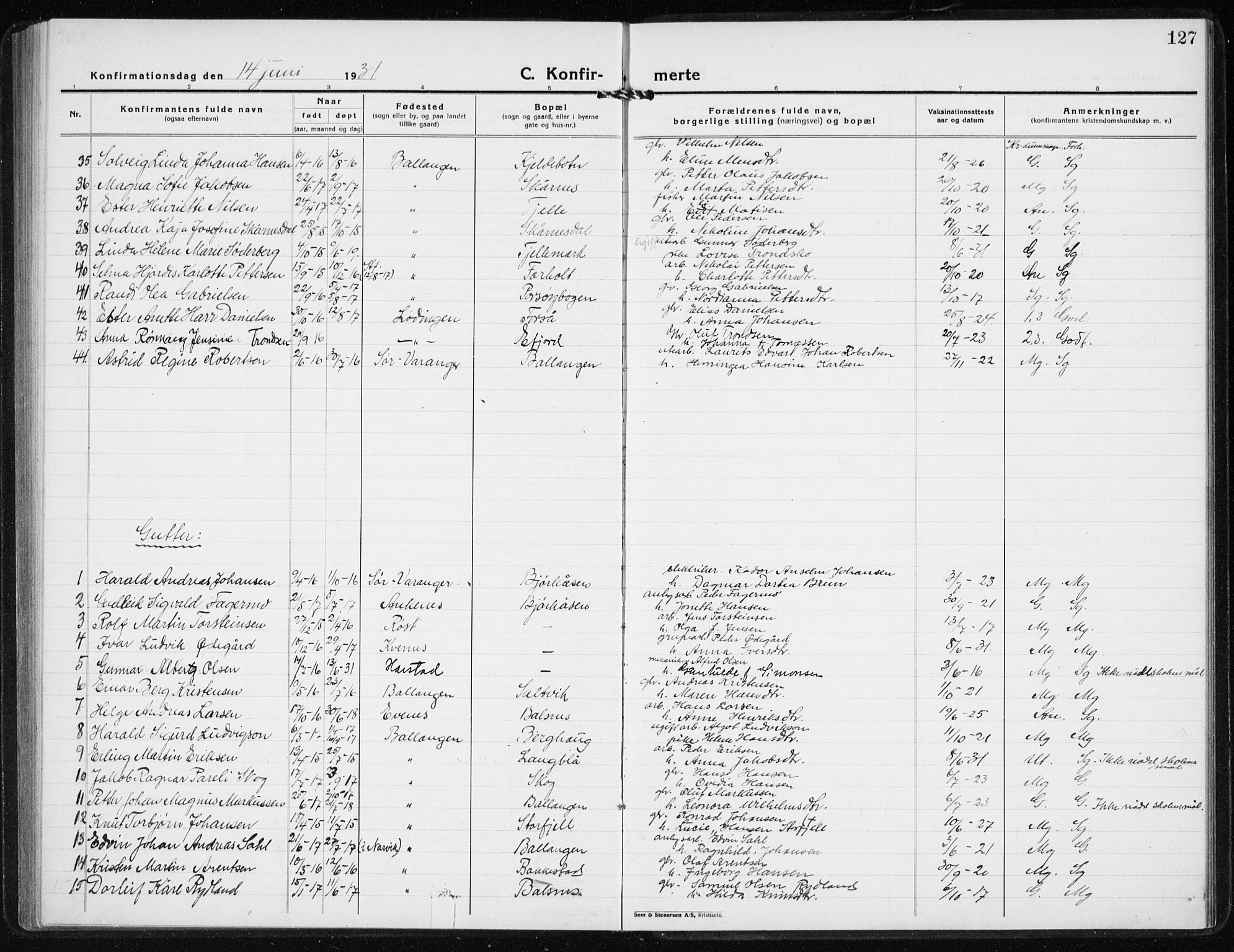 Ministerialprotokoller, klokkerbøker og fødselsregistre - Nordland, SAT/A-1459/869/L0975: Parish register (copy) no. 869C01, 1923-1939, p. 127