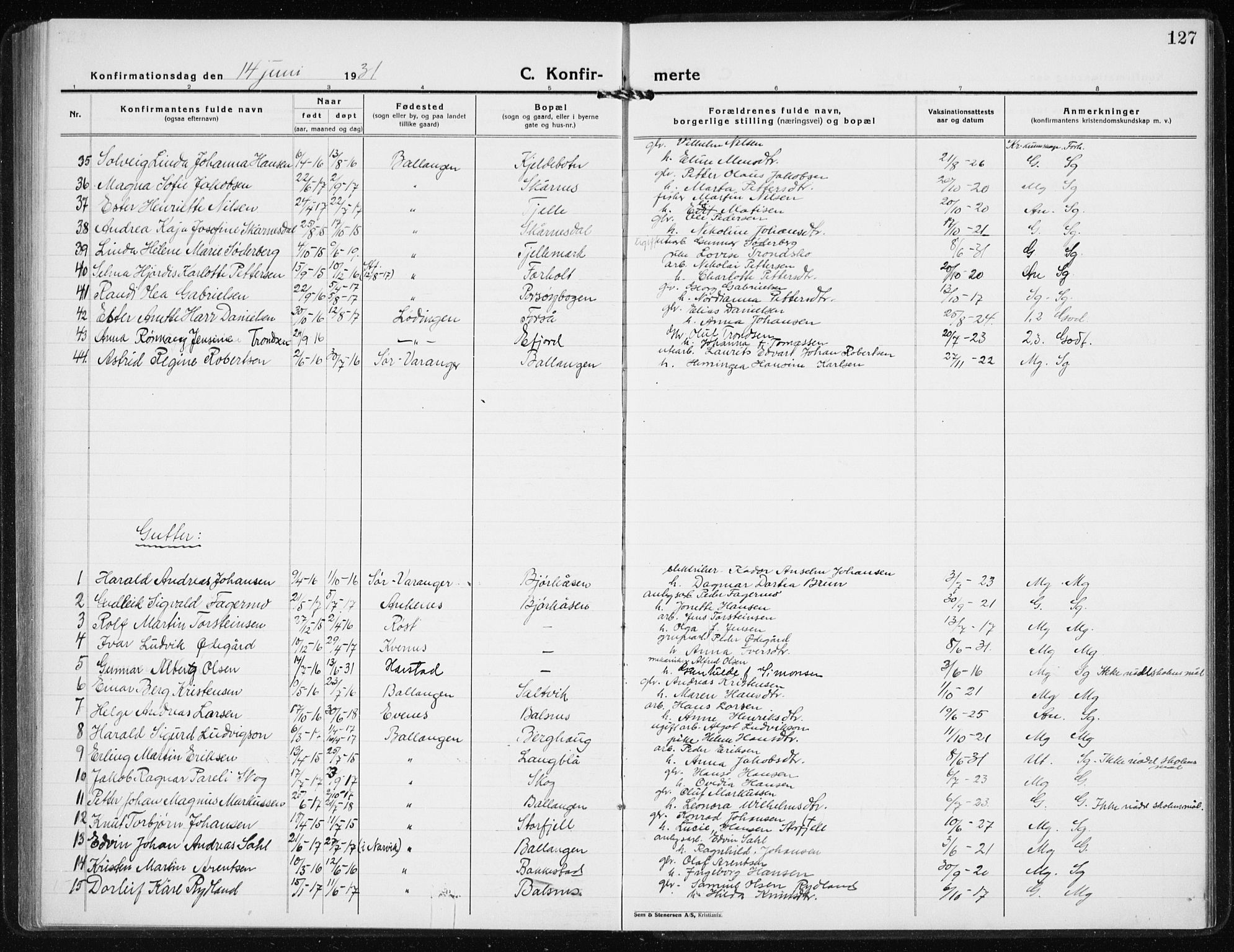 Ministerialprotokoller, klokkerbøker og fødselsregistre - Nordland, AV/SAT-A-1459/869/L0975: Parish register (copy) no. 869C01, 1923-1939, p. 127