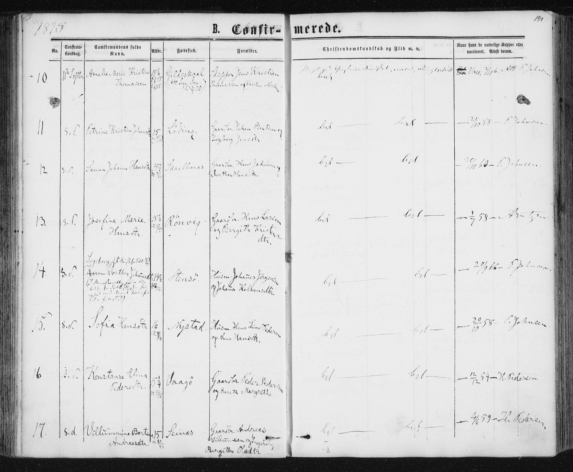 Ministerialprotokoller, klokkerbøker og fødselsregistre - Nordland, AV/SAT-A-1459/801/L0008: Parish register (official) no. 801A08, 1864-1875, p. 191