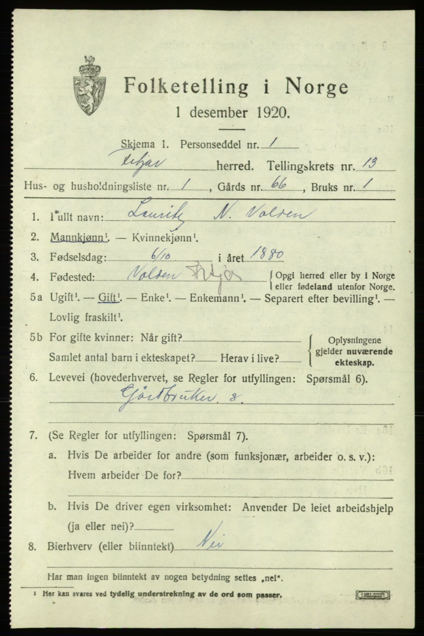 SAB, 1920 census for Fitjar, 1920, p. 5074