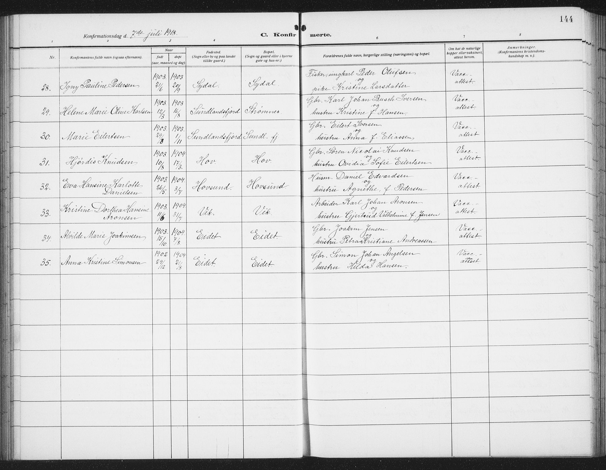 Ministerialprotokoller, klokkerbøker og fødselsregistre - Nordland, AV/SAT-A-1459/876/L1106: Parish register (copy) no. 876C05, 1915-1942, p. 144