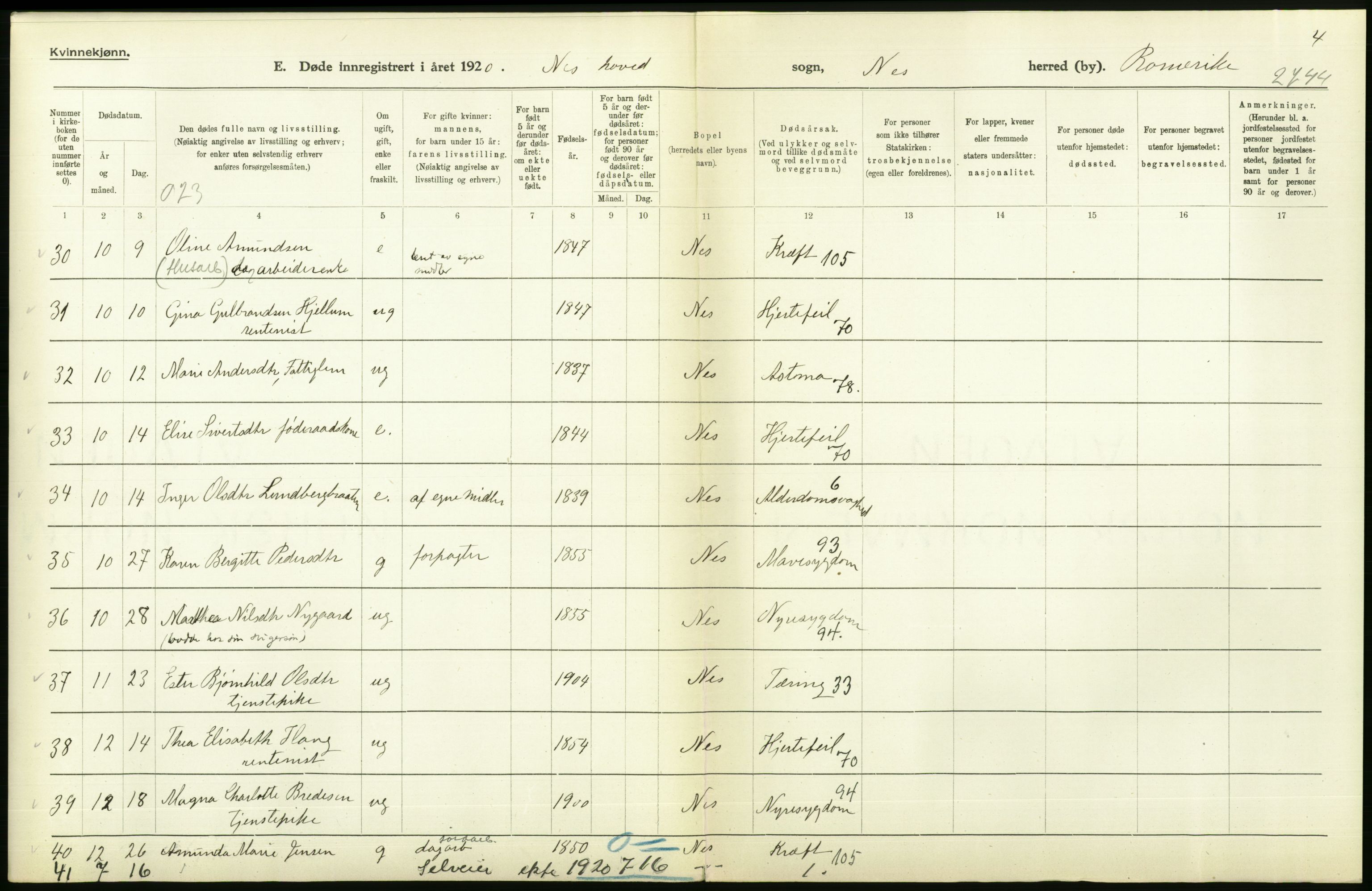 Statistisk sentralbyrå, Sosiodemografiske emner, Befolkning, RA/S-2228/D/Df/Dfb/Dfbj/L0007: Akershus fylke: Døde. Bygder og byer., 1920, p. 444