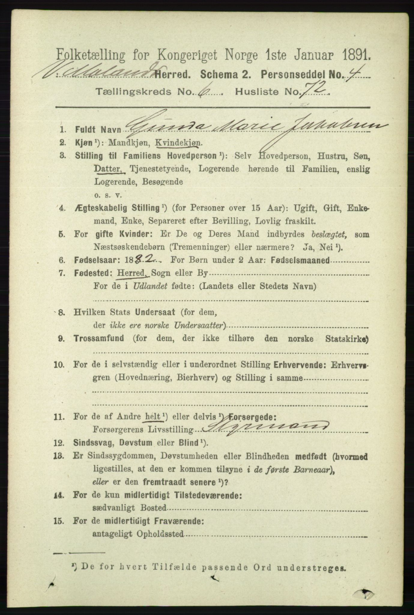 RA, 1891 census for 0926 Vestre Moland, 1891, p. 2754