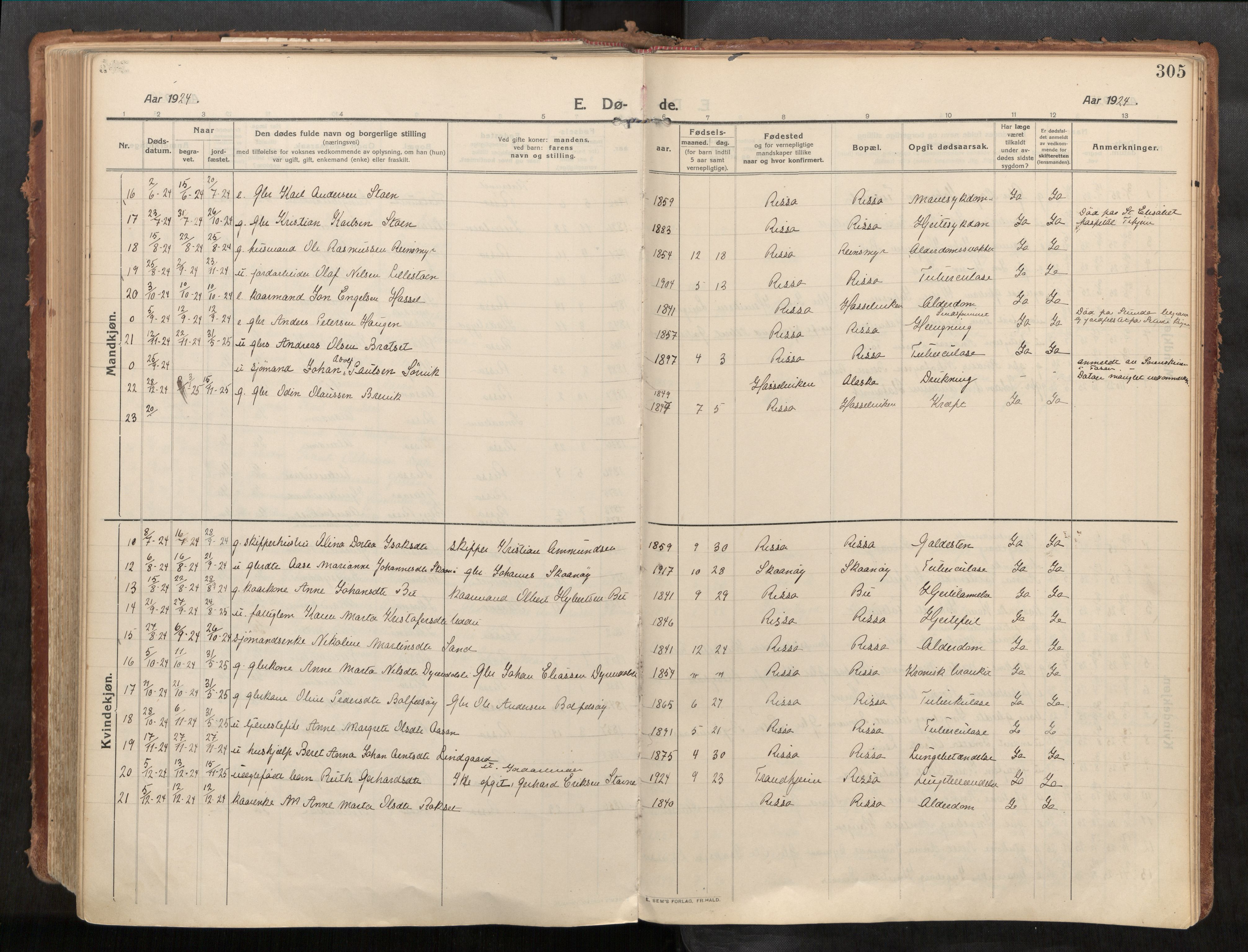 Stadsbygd sokneprestkontor, AV/SAT-A-1117/1/I/I1/I1a/L0001: Parish register (official) no. 1, 1911-1929, p. 305