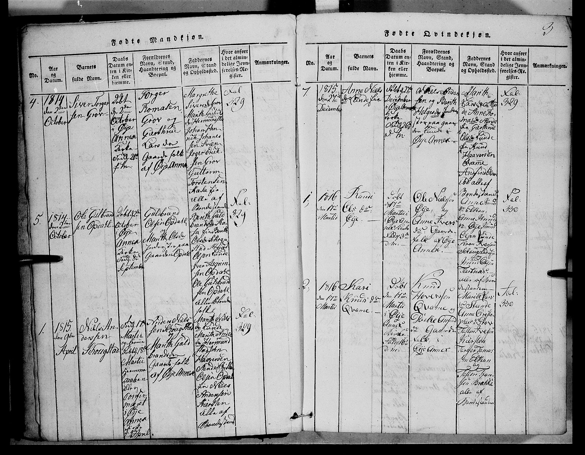 Vang prestekontor, Valdres, SAH/PREST-140/H/Hb/L0001: Parish register (copy) no. 1, 1814-1820, p. 3