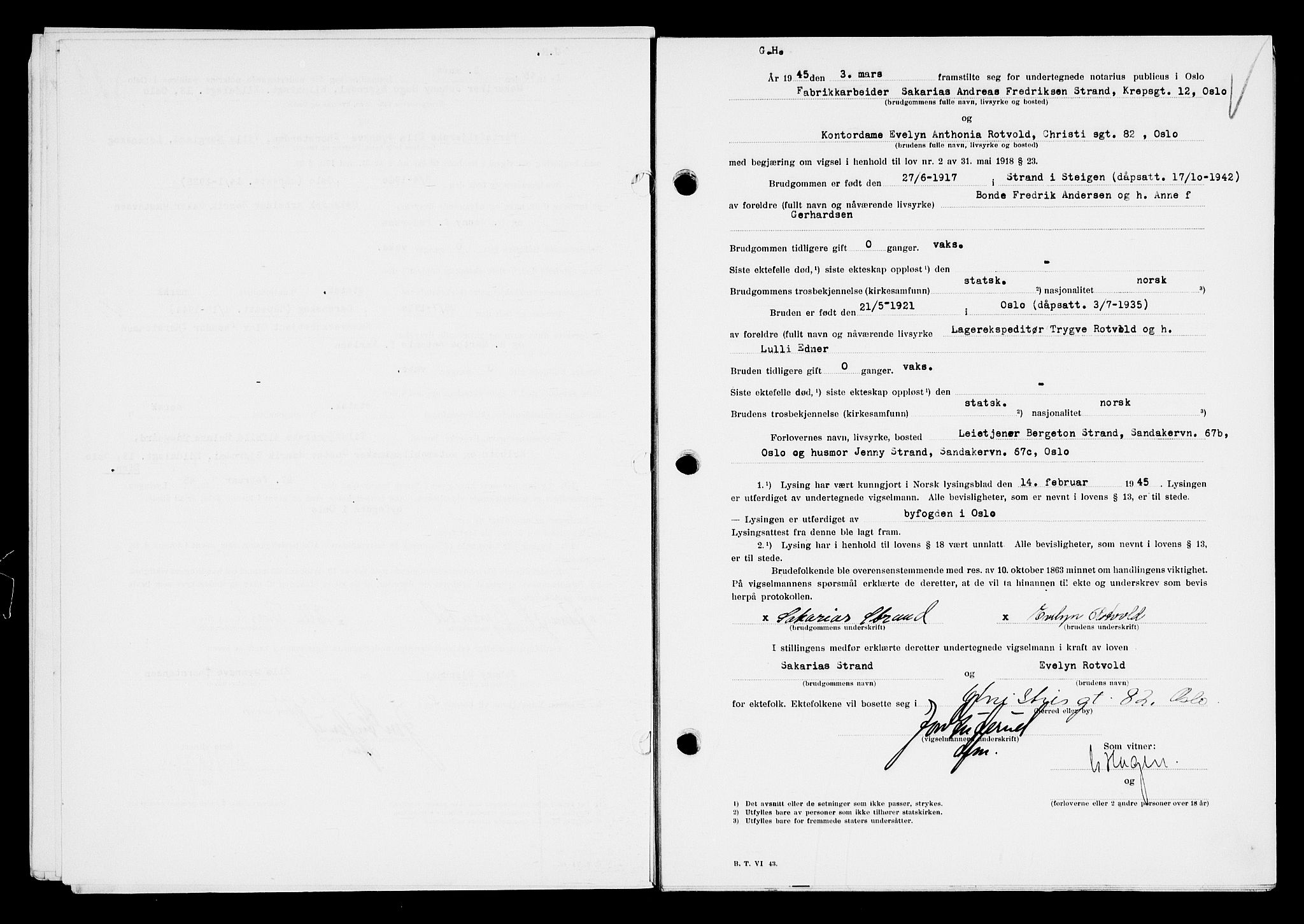 Oslo byfogd avd. I, AV/SAO-A-10220/L/Lb/Lbb/L0053: Notarialprotokoll, rekke II: Vigsler, 1945