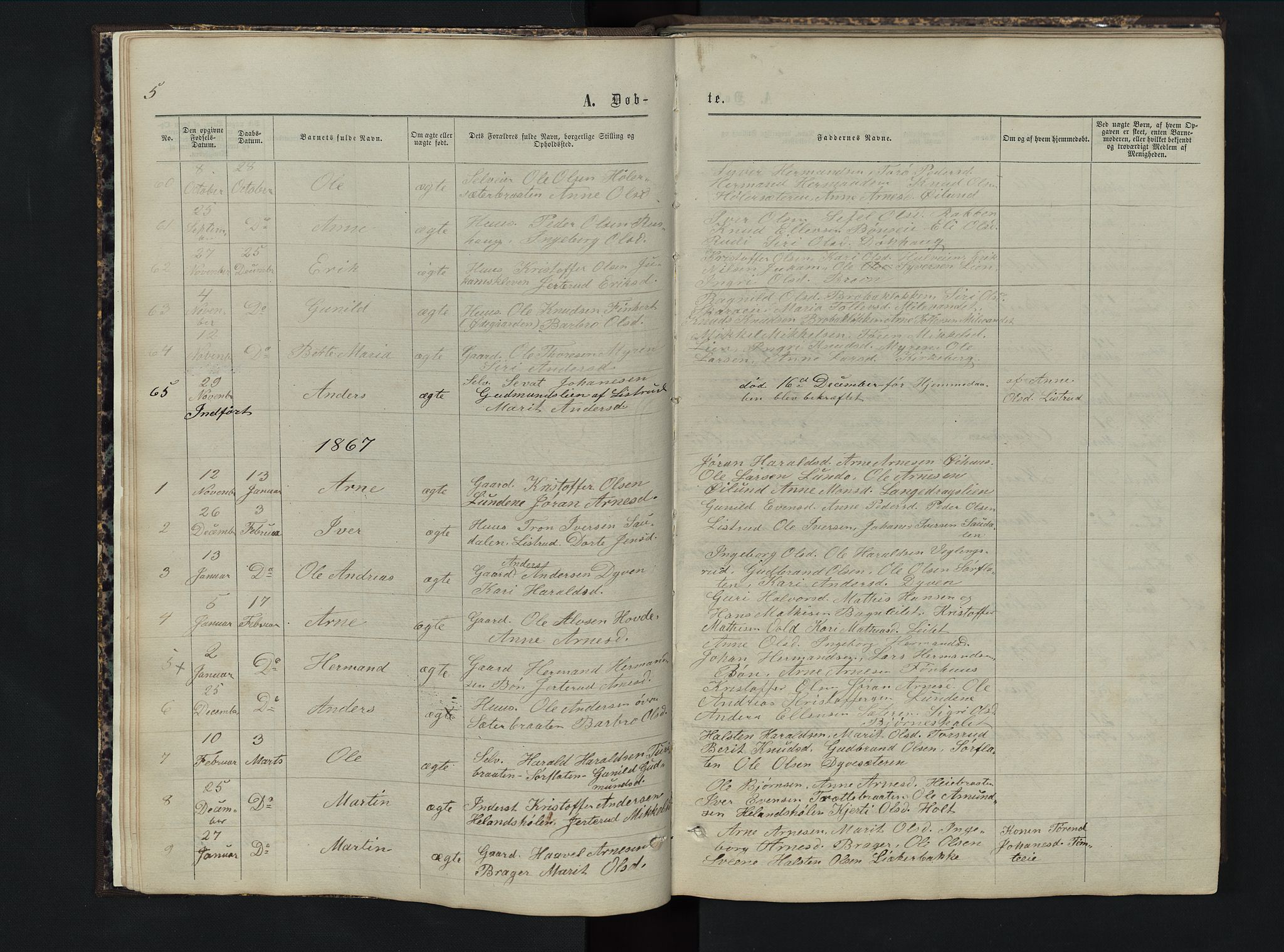 Sør-Aurdal prestekontor, AV/SAH-PREST-128/H/Ha/Hab/L0005: Parish register (copy) no. 5, 1866-1893, p. 5