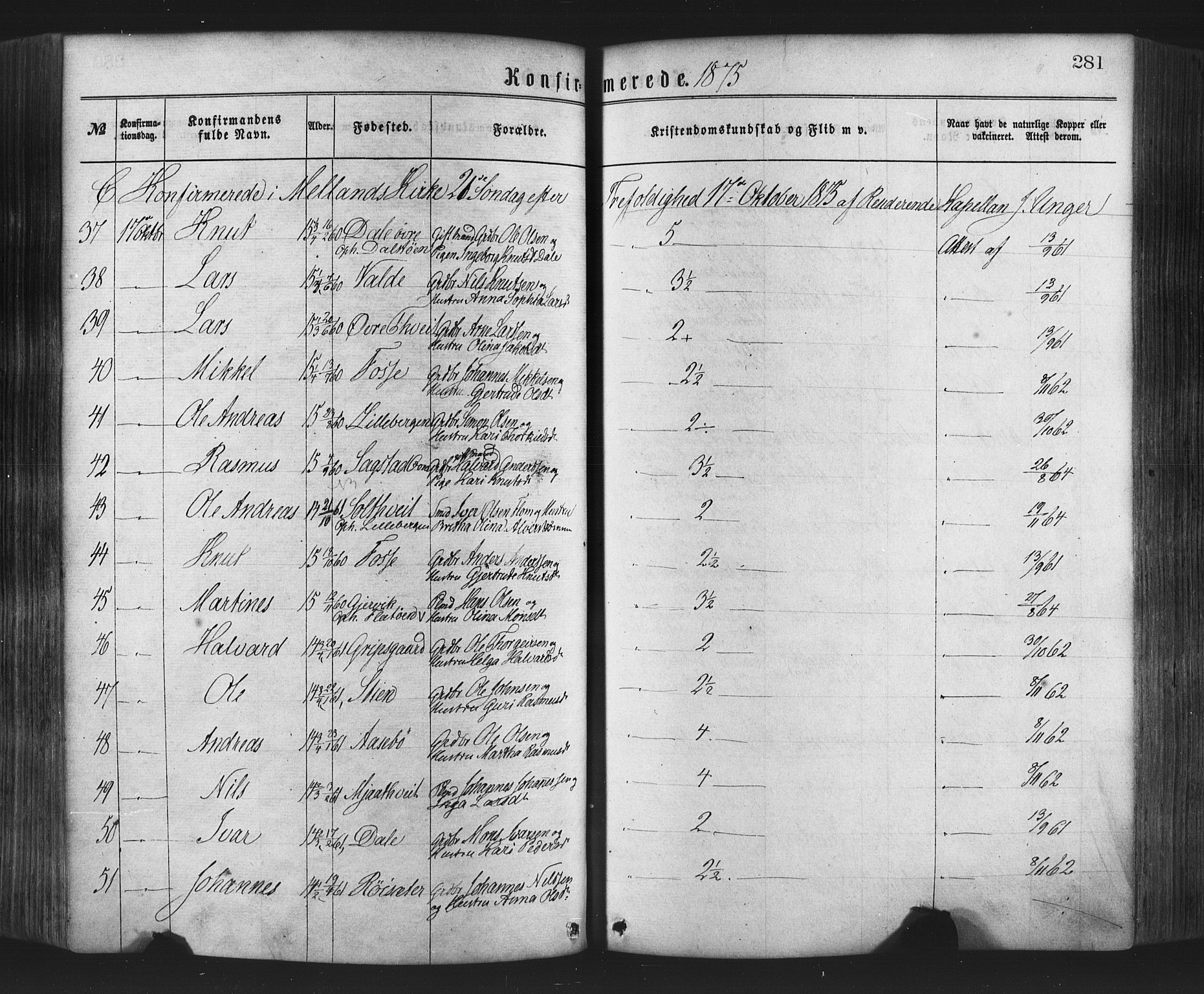 Hamre sokneprestembete, AV/SAB-A-75501/H/Ha/Haa/Haaa/L0015: Parish register (official) no. A 15, 1870-1881, p. 281