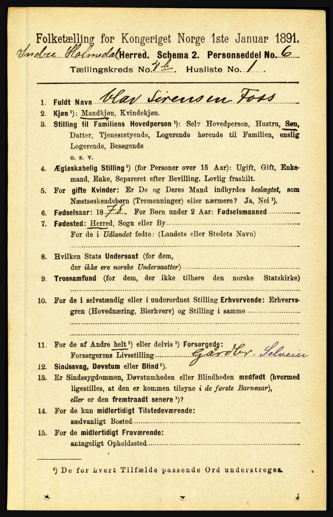 RA, 1891 census for 1430 Indre Holmedal, 1891, p. 1457