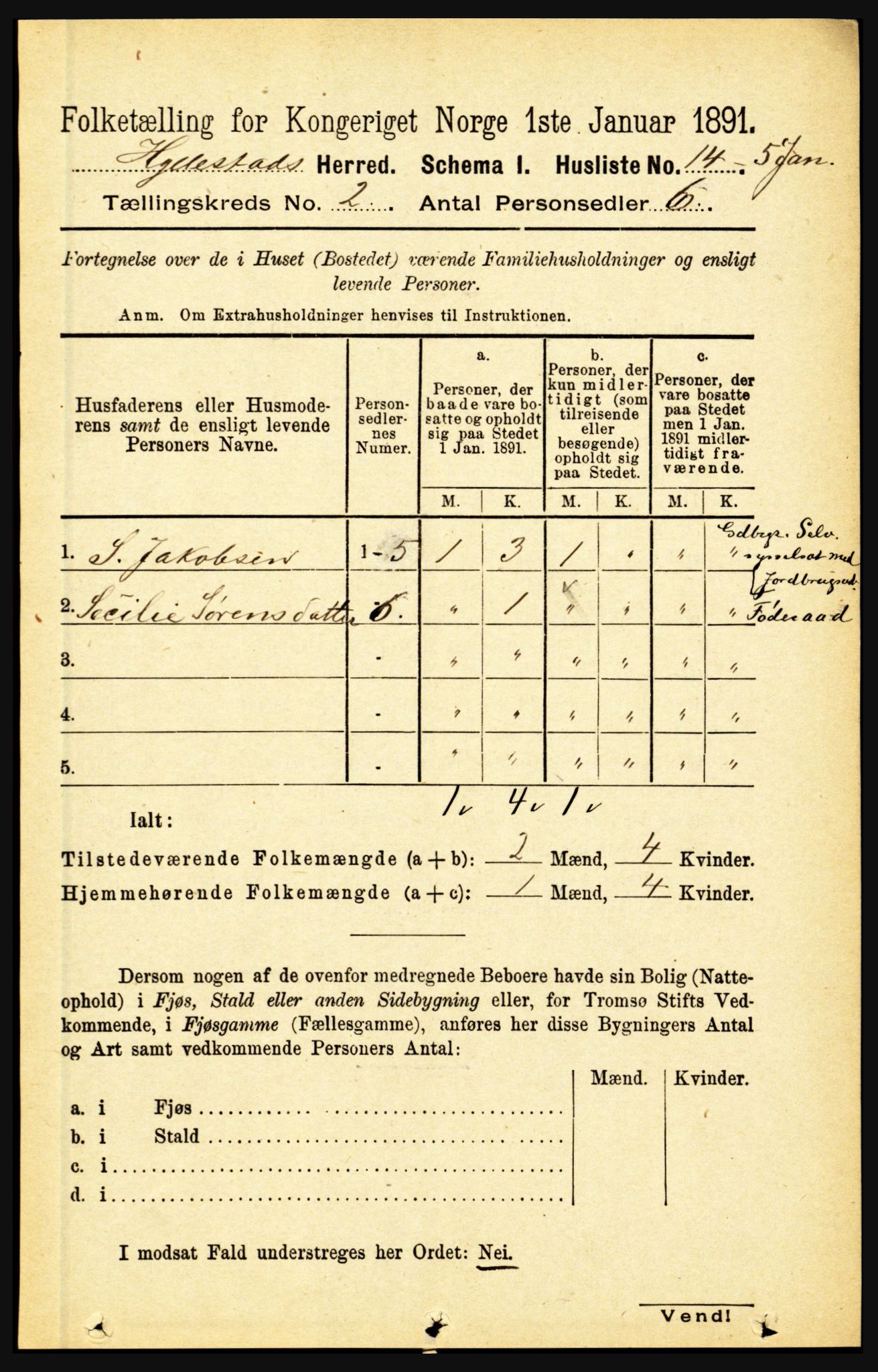 RA, 1891 census for 1413 Hyllestad, 1891, p. 134