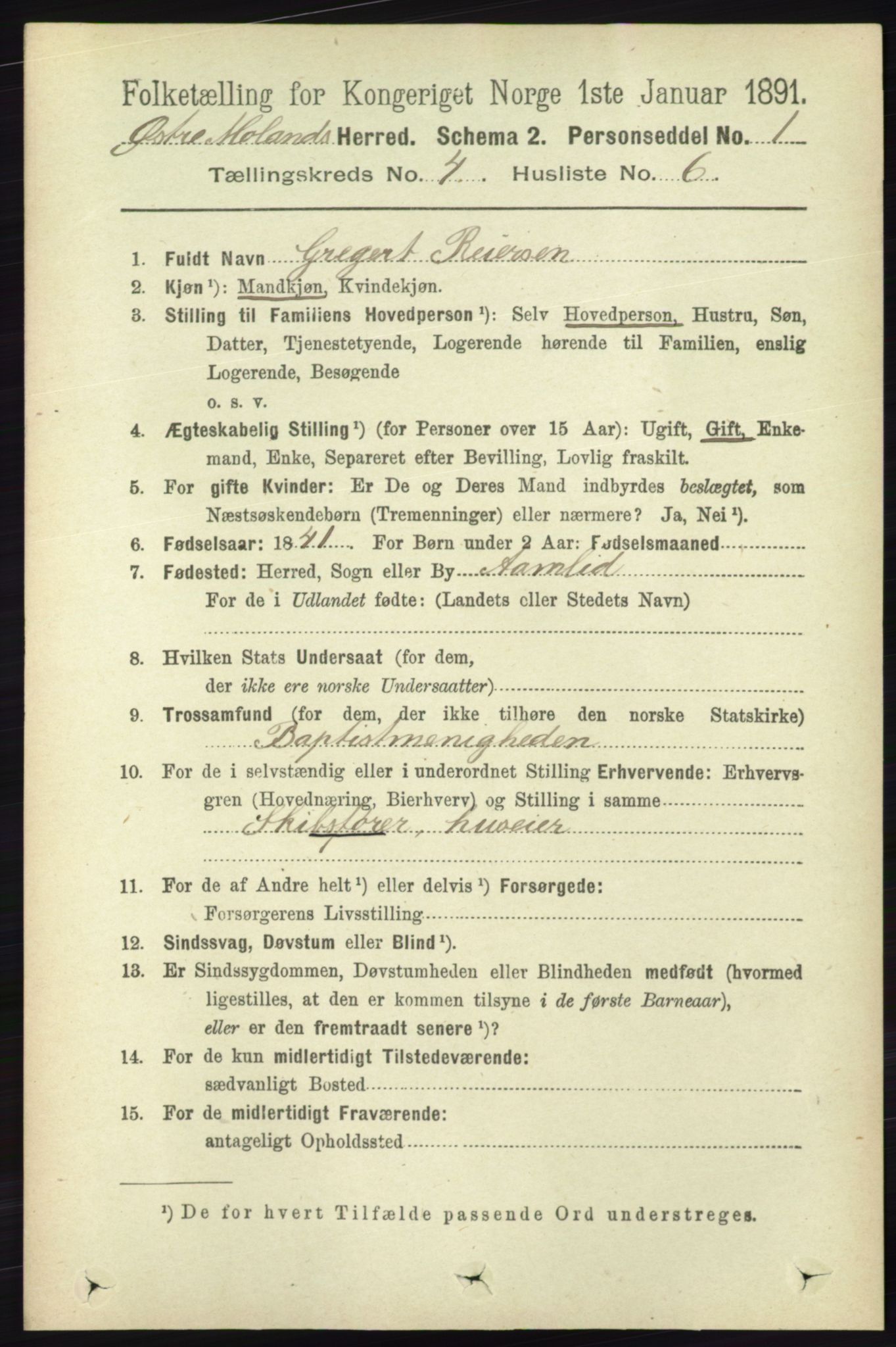 RA, 1891 census for 0918 Austre Moland, 1891, p. 2098