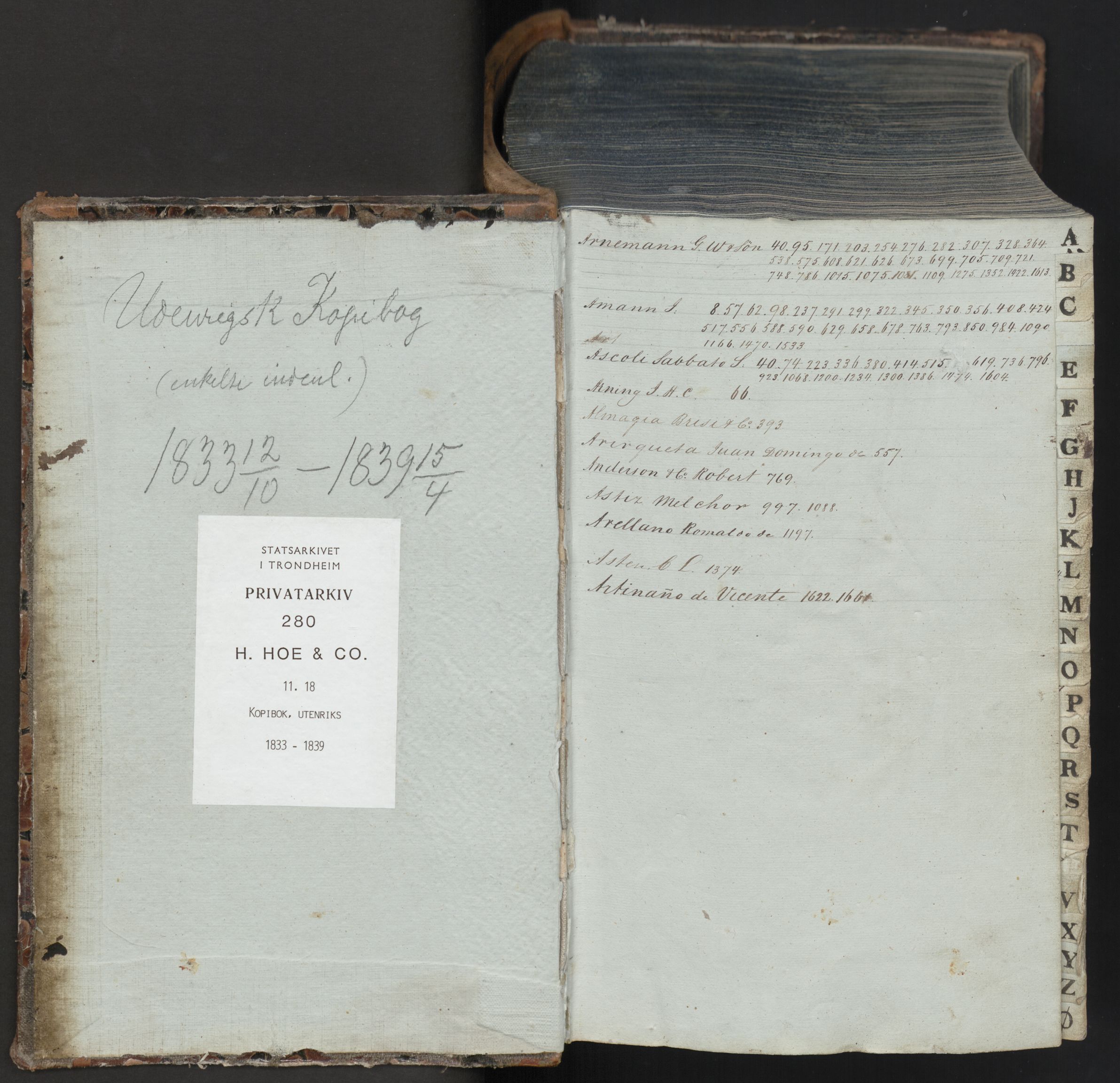 Hoë, Herman & Co, SAT/PA-0280/11/L0018: Kopibok, utenriks, 1833-1839