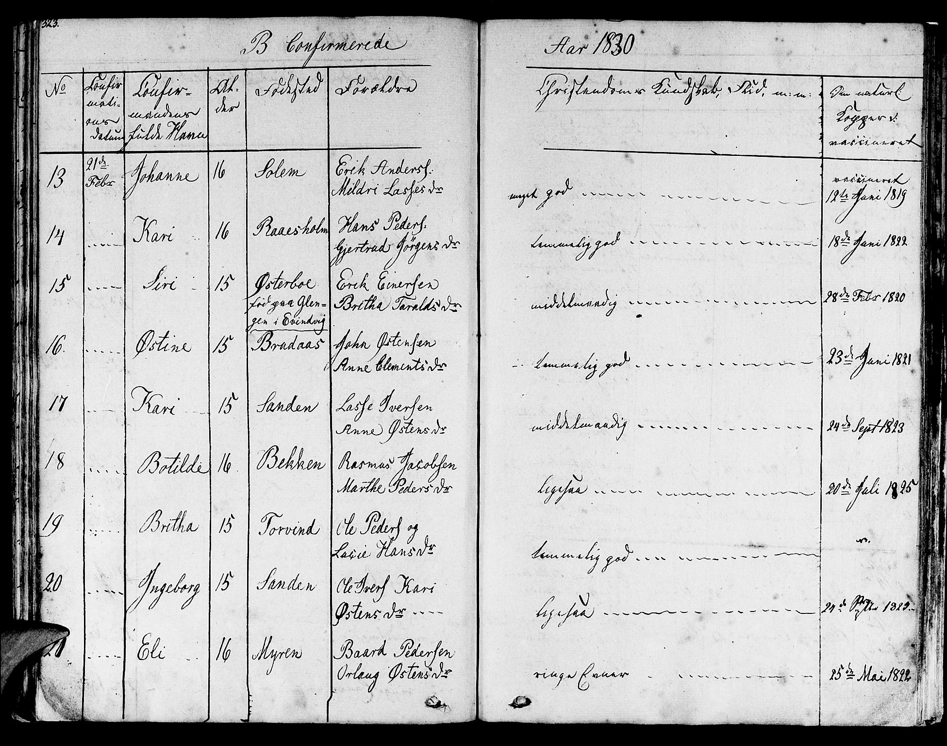 Lavik sokneprestembete, SAB/A-80901: Parish register (official) no. A 2I, 1821-1842, p. 323