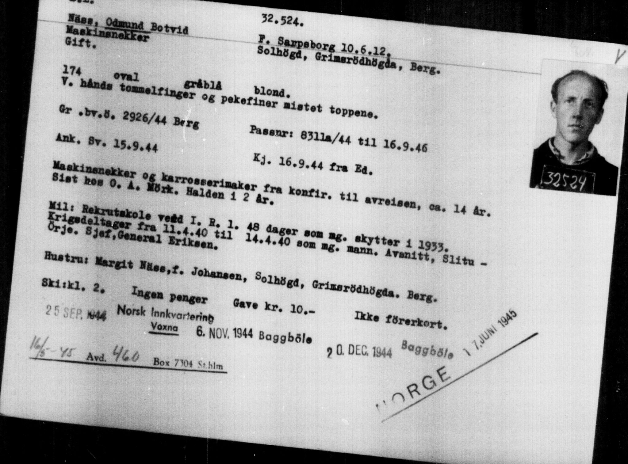 Utenriksstasjonene, Legasjonen i Stockholm, Flyktningkontoret, AV/RA-S-6753/V/Va/L0013: Kjesäterkartoteket, flyktninger med registreringsnr. 31500-34731, 1940-1945, p. 1080