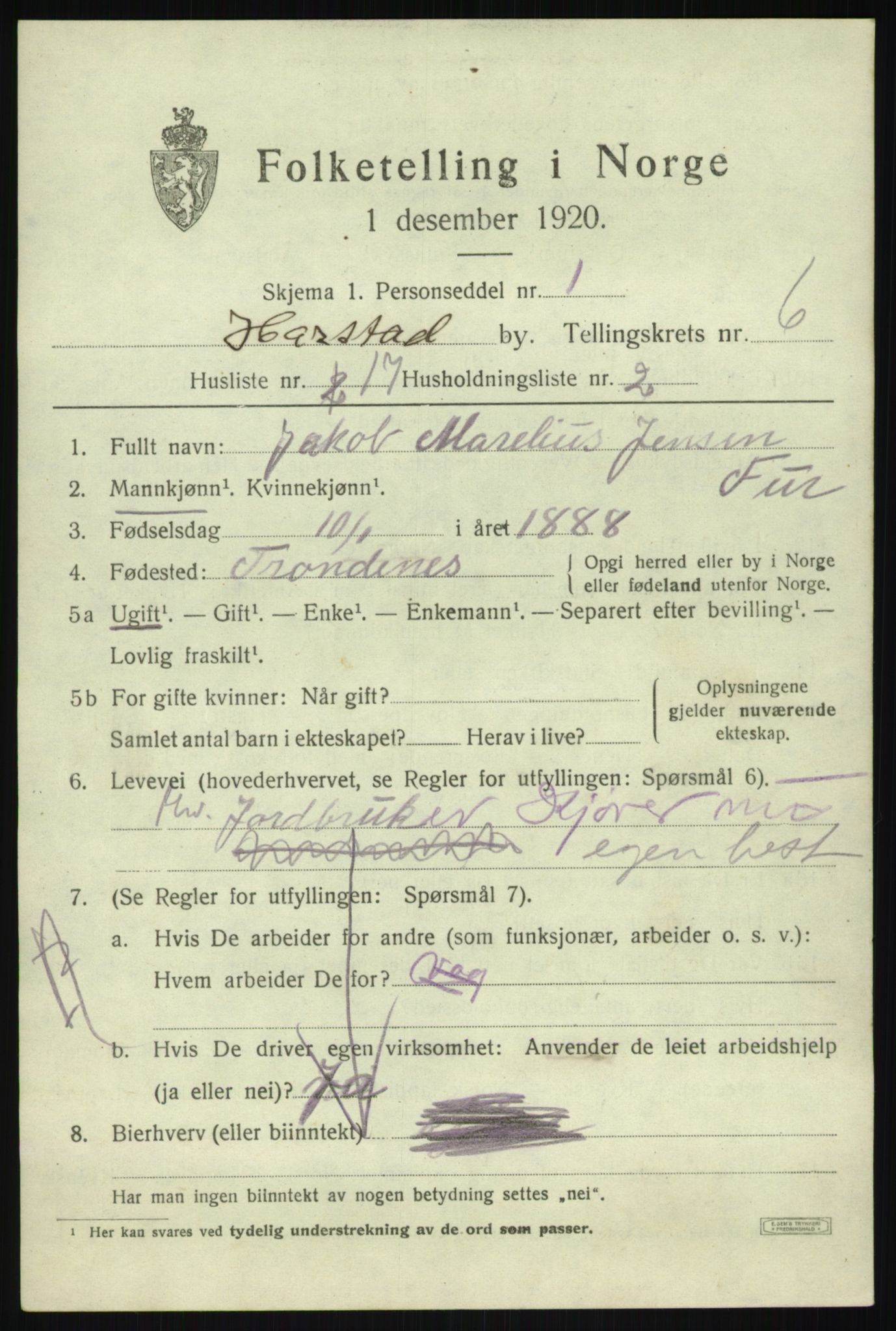 SATØ, 1920 census for Harstad, 1920, p. 7818