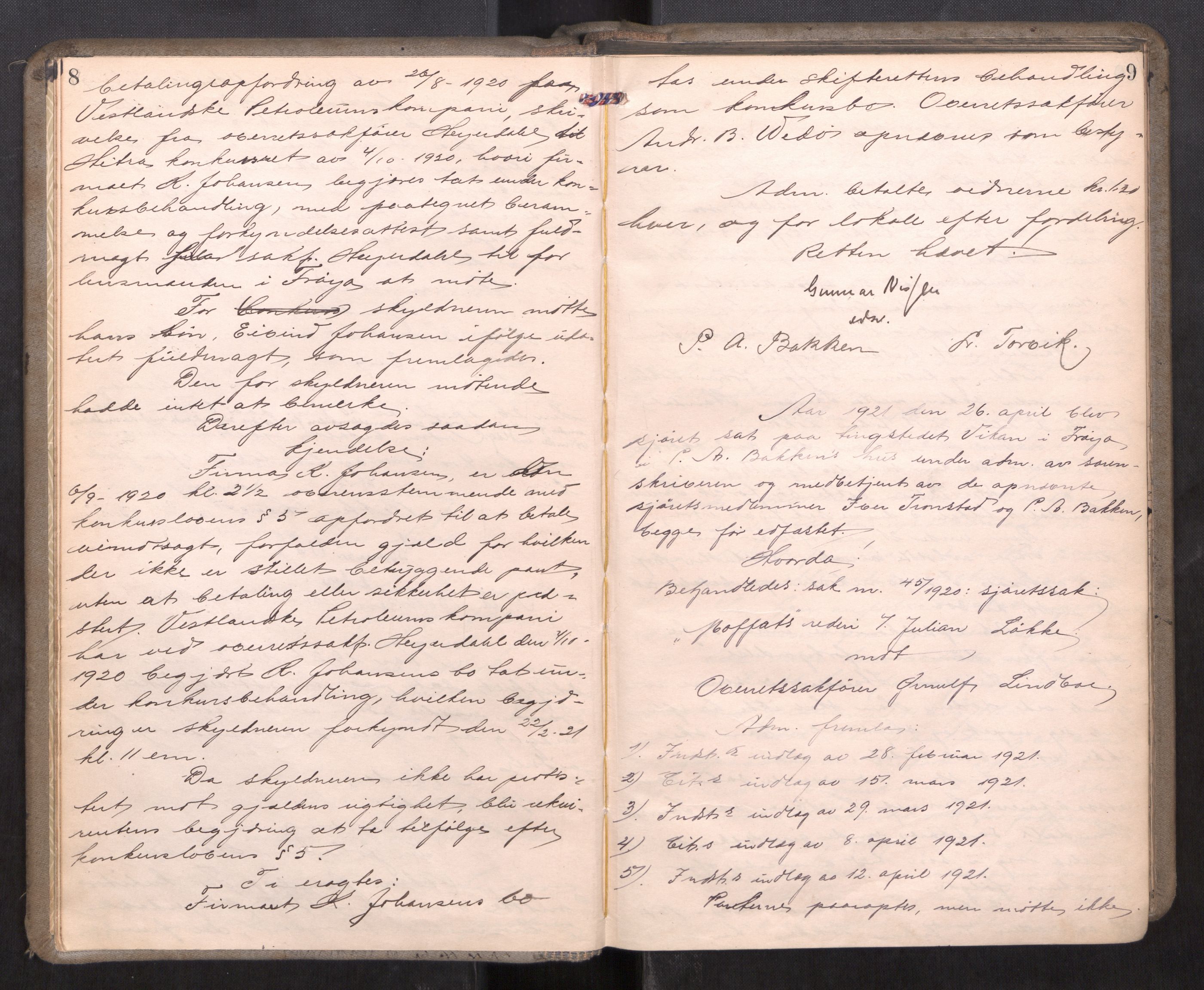 Hitra sorenskriveri, AV/SAT-A-0018/1/1B/L0004: Ekstrarettsprotokoll, 1920-1933, p. 8-9