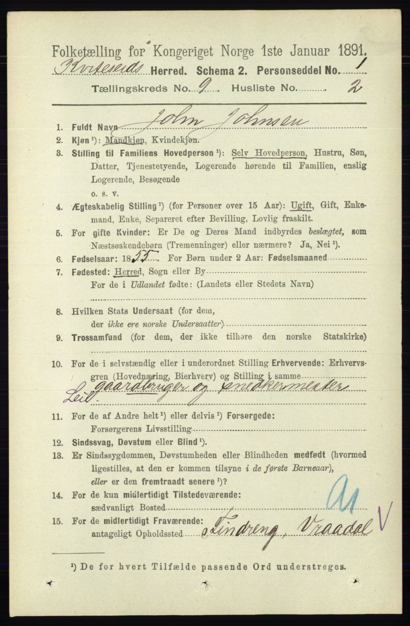 RA, 1891 census for 0829 Kviteseid, 1891, p. 1996