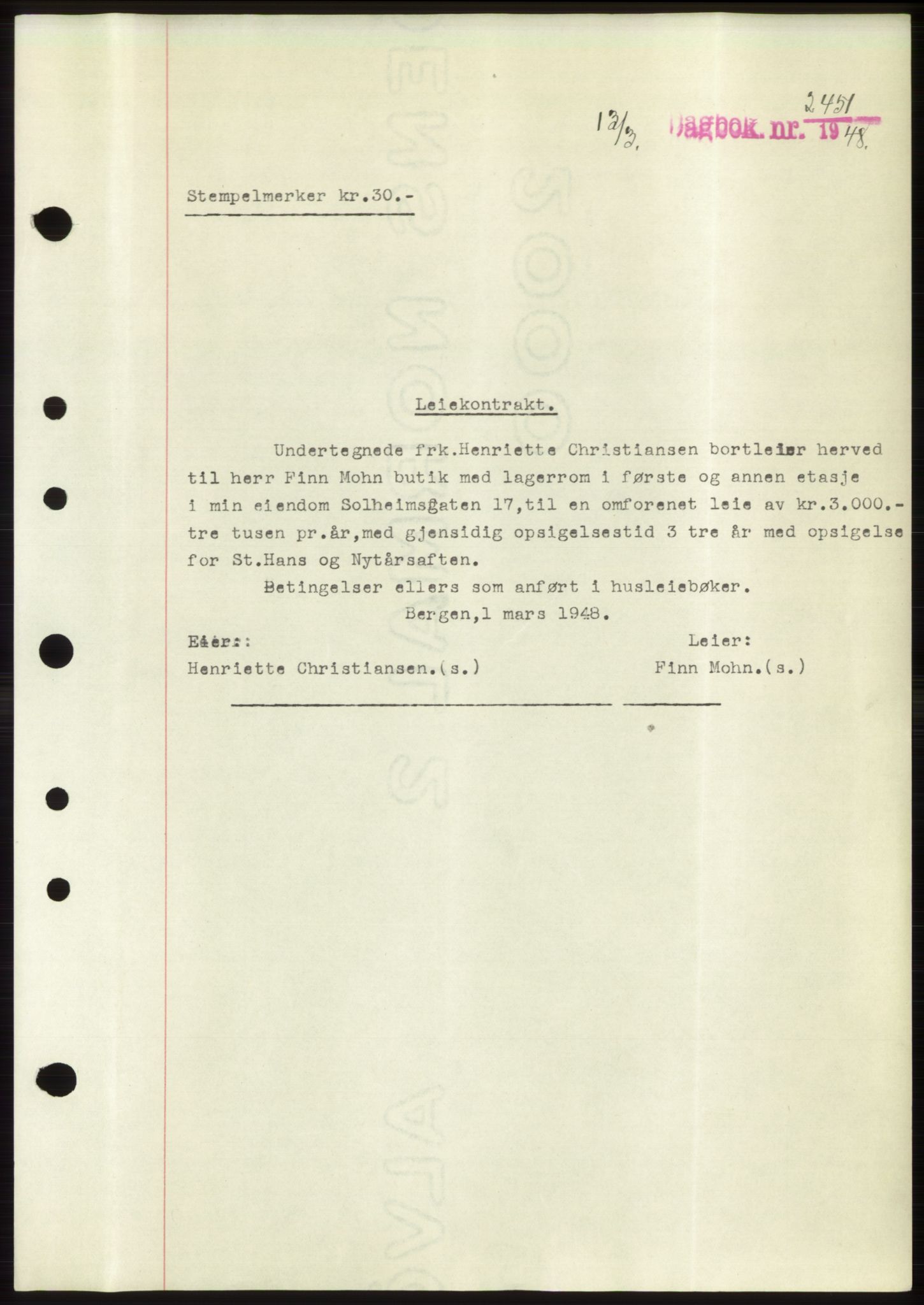 Byfogd og Byskriver i Bergen, AV/SAB-A-3401/03/03Bd/L0003: Mortgage book no. B29-39, 1947-1950, Diary no: : 2451/1948