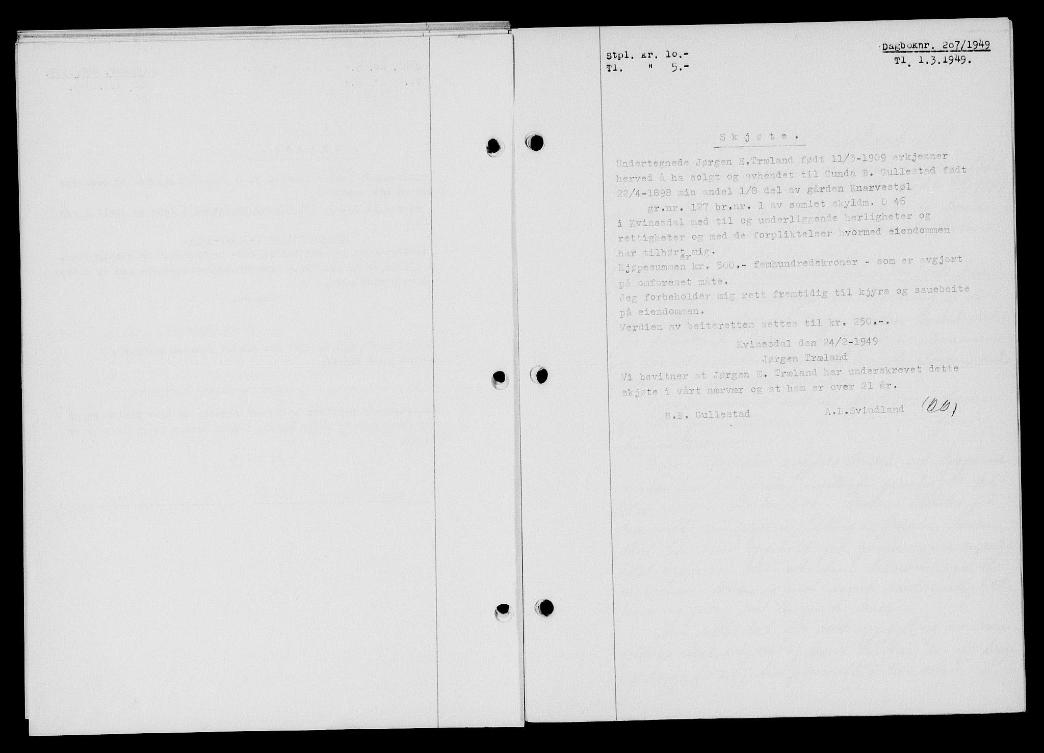 Flekkefjord sorenskriveri, SAK/1221-0001/G/Gb/Gba/L0064: Mortgage book no. A-12, 1948-1949, Diary no: : 207/1949