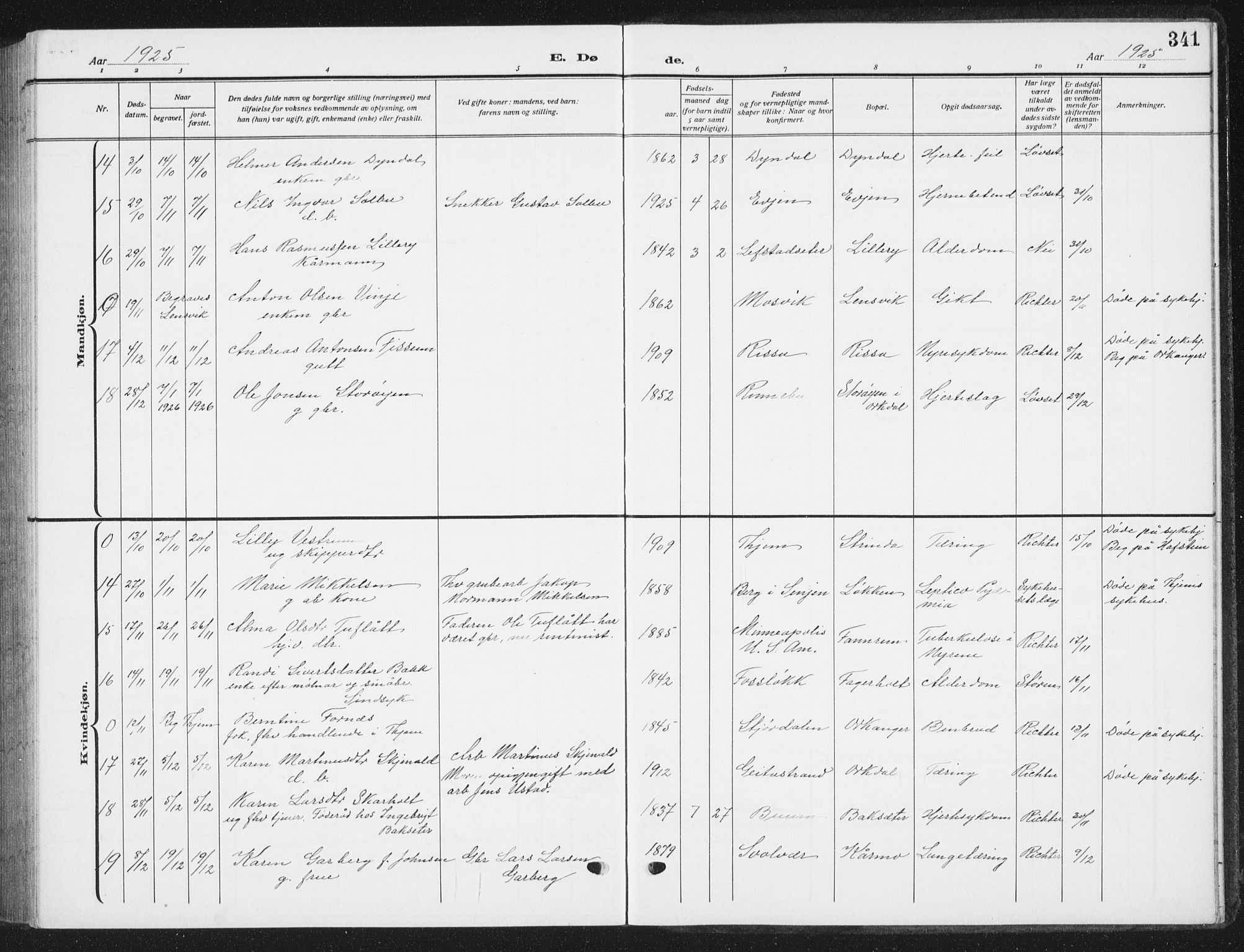 Ministerialprotokoller, klokkerbøker og fødselsregistre - Sør-Trøndelag, AV/SAT-A-1456/668/L0820: Parish register (copy) no. 668C09, 1912-1936, p. 341