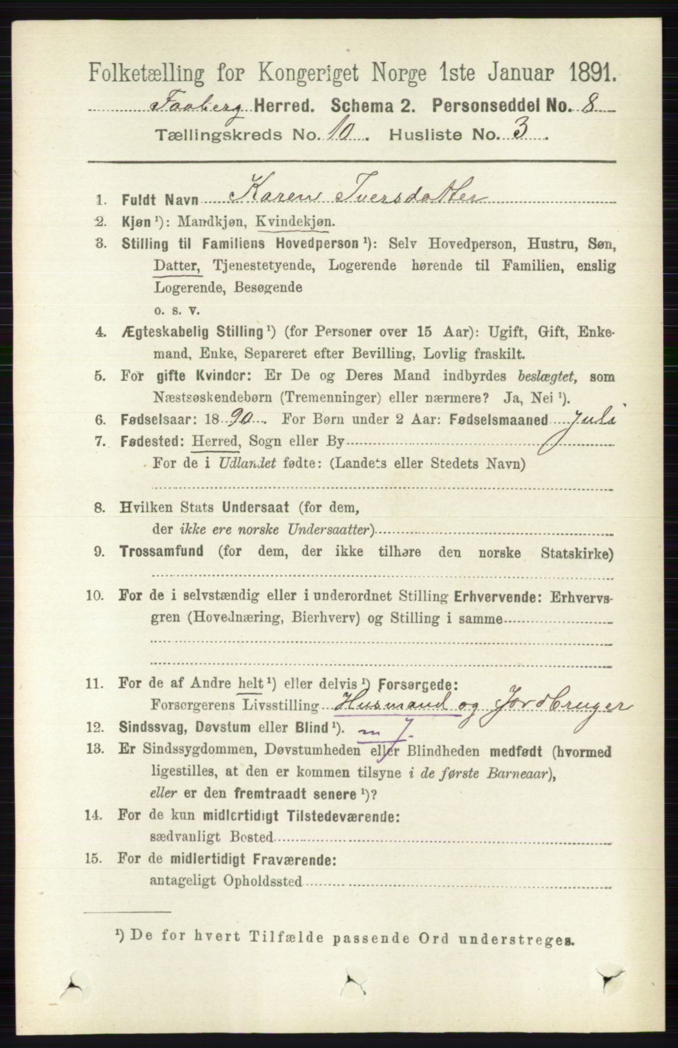 RA, 1891 census for 0524 Fåberg, 1891, p. 4126