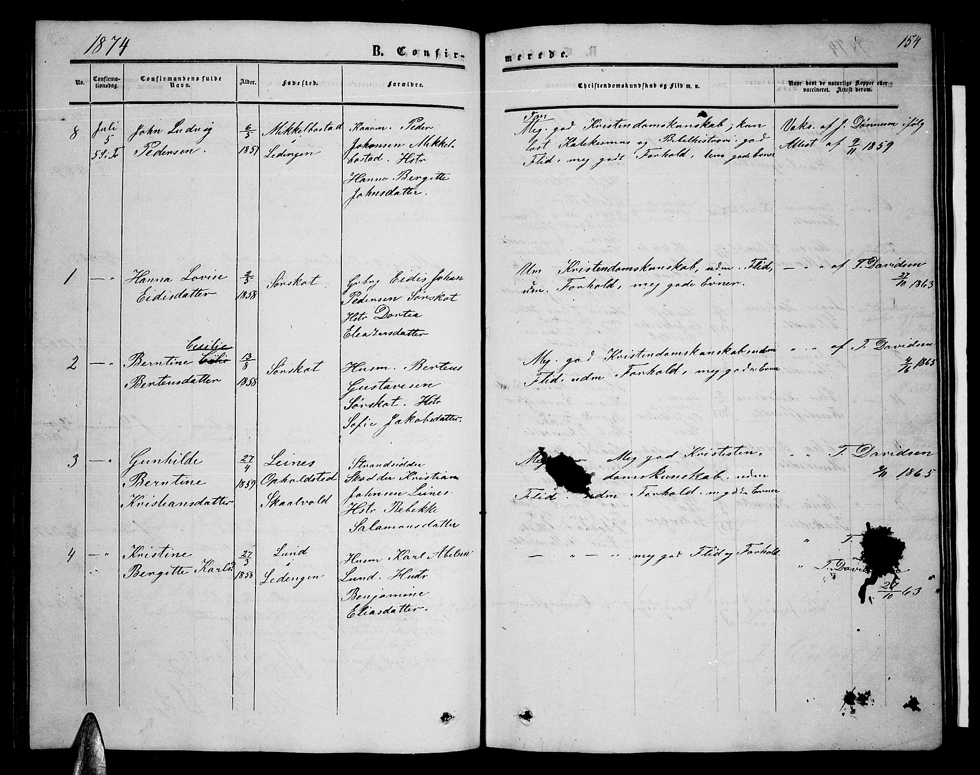 Ministerialprotokoller, klokkerbøker og fødselsregistre - Nordland, SAT/A-1459/857/L0827: Parish register (copy) no. 857C02, 1852-1879, p. 154