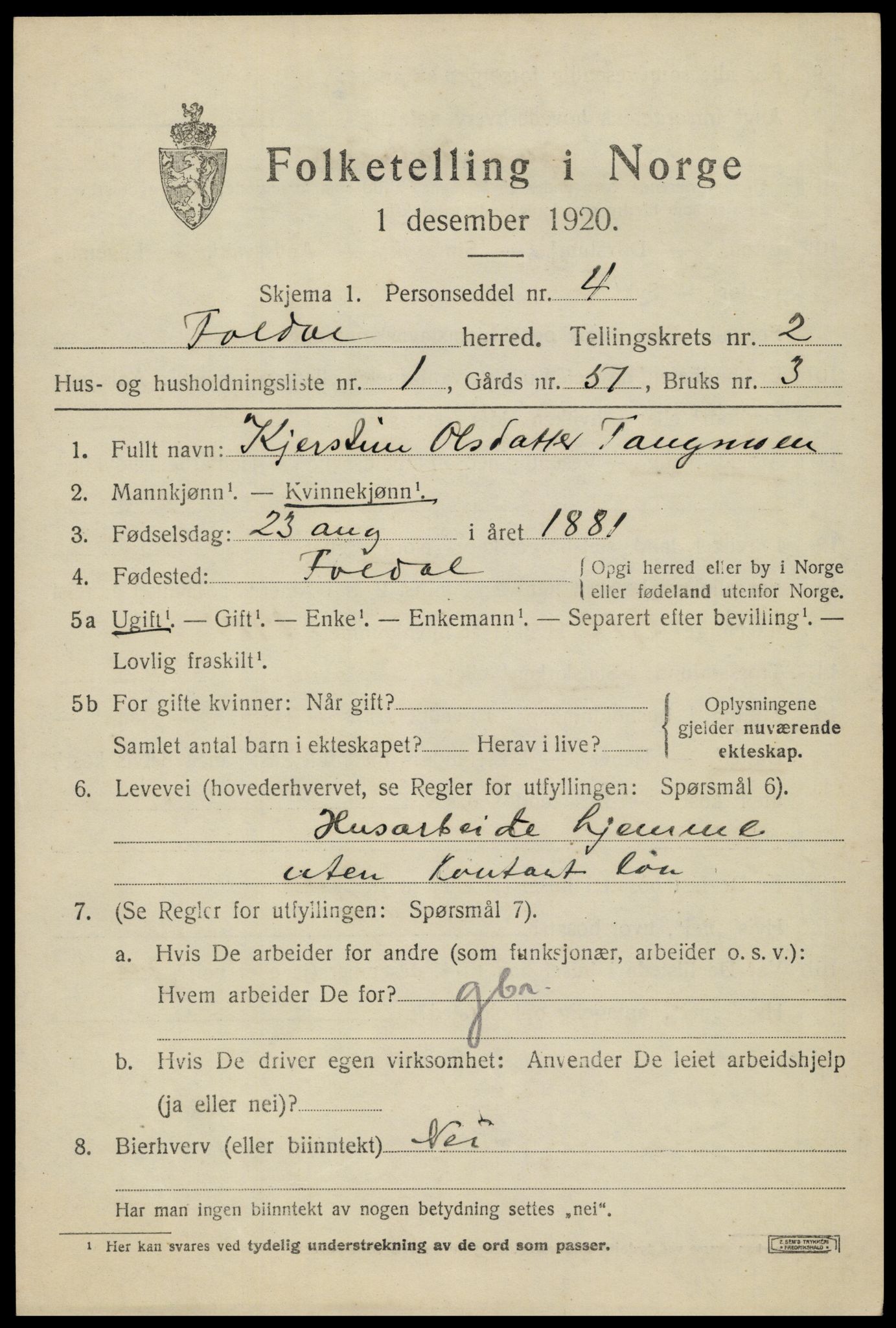 SAH, 1920 census for Folldal, 1920, p. 1043