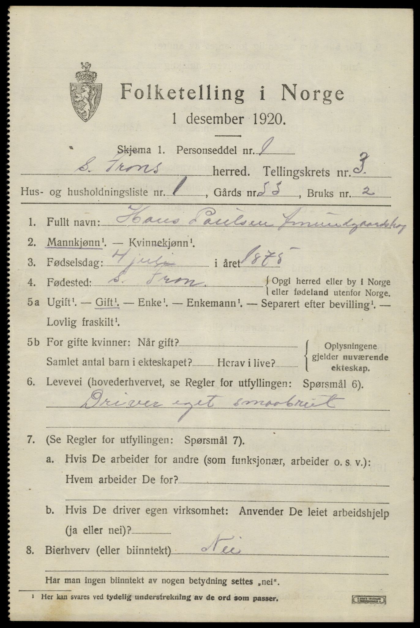 SAH, 1920 census for Sør-Fron, 1920, p. 3485