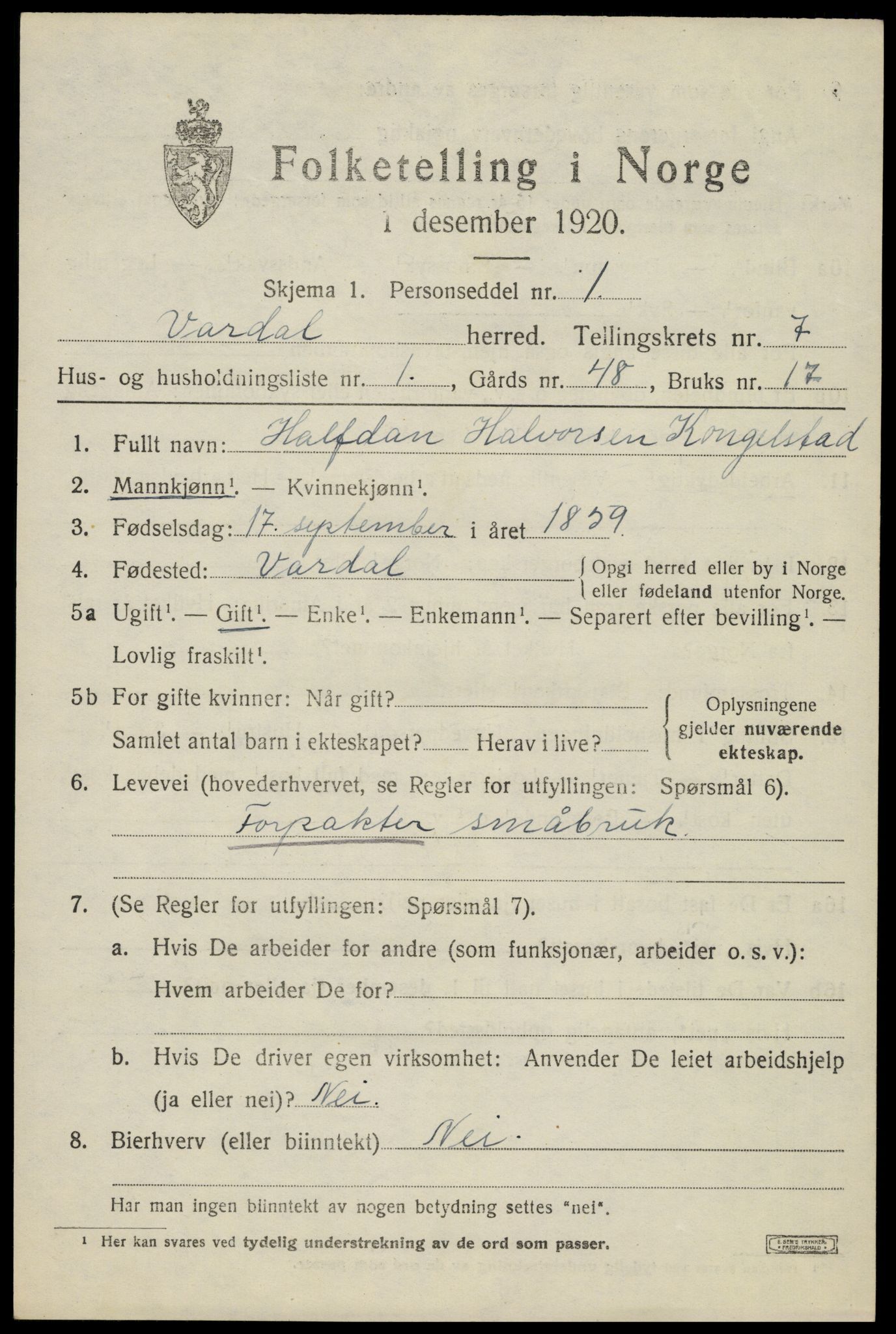 SAH, 1920 census for Vardal, 1920, p. 4863
