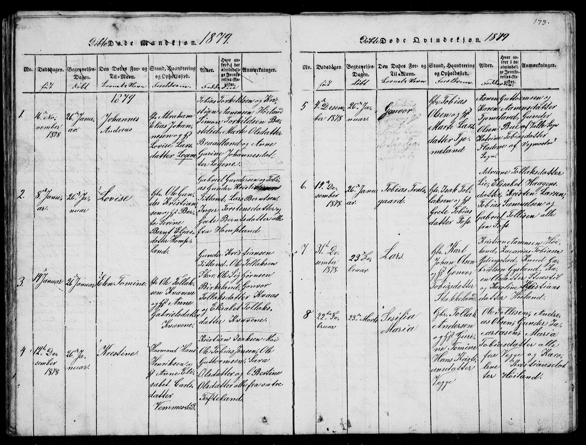 Lyngdal sokneprestkontor, AV/SAK-1111-0029/F/Fb/Fbb/L0001: Parish register (copy) no. B 1, 1816-1900, p. 173