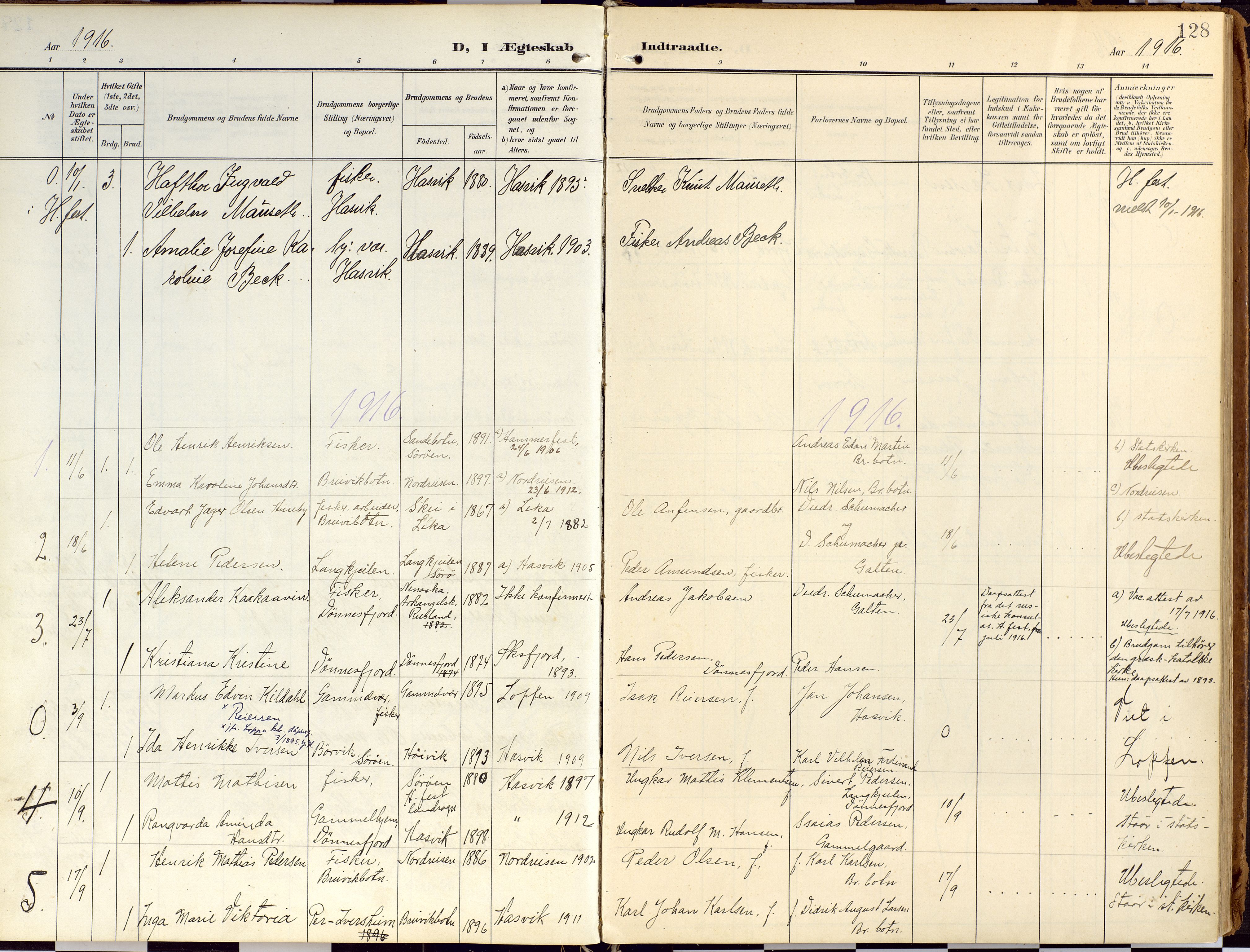 Loppa sokneprestkontor, SATØ/S-1339/H/Ha/L0010kirke: Parish register (official) no. 10, 1907-1922, p. 128