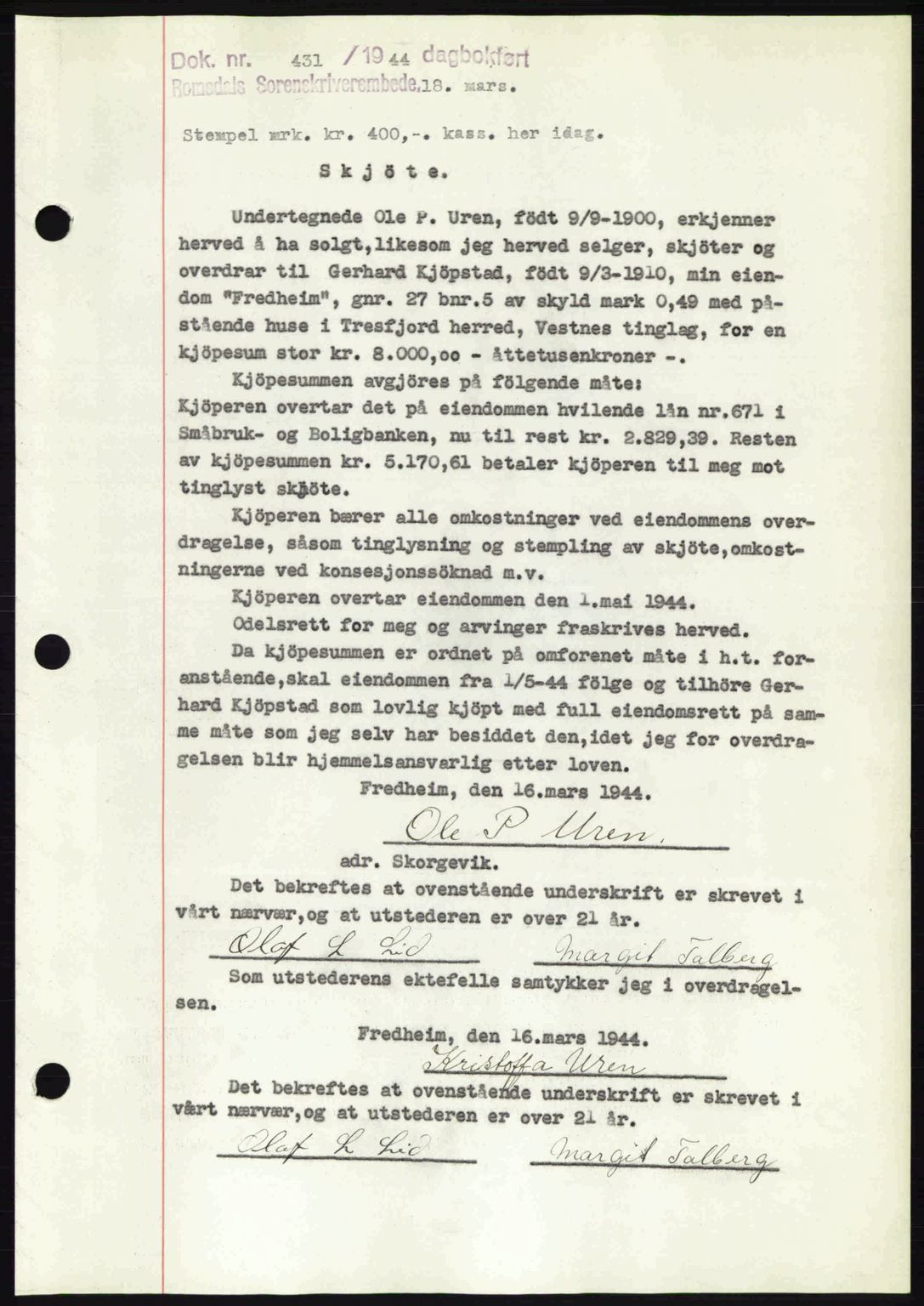 Romsdal sorenskriveri, SAT/A-4149/1/2/2C: Mortgage book no. A16, 1944-1944, Diary no: : 431/1944