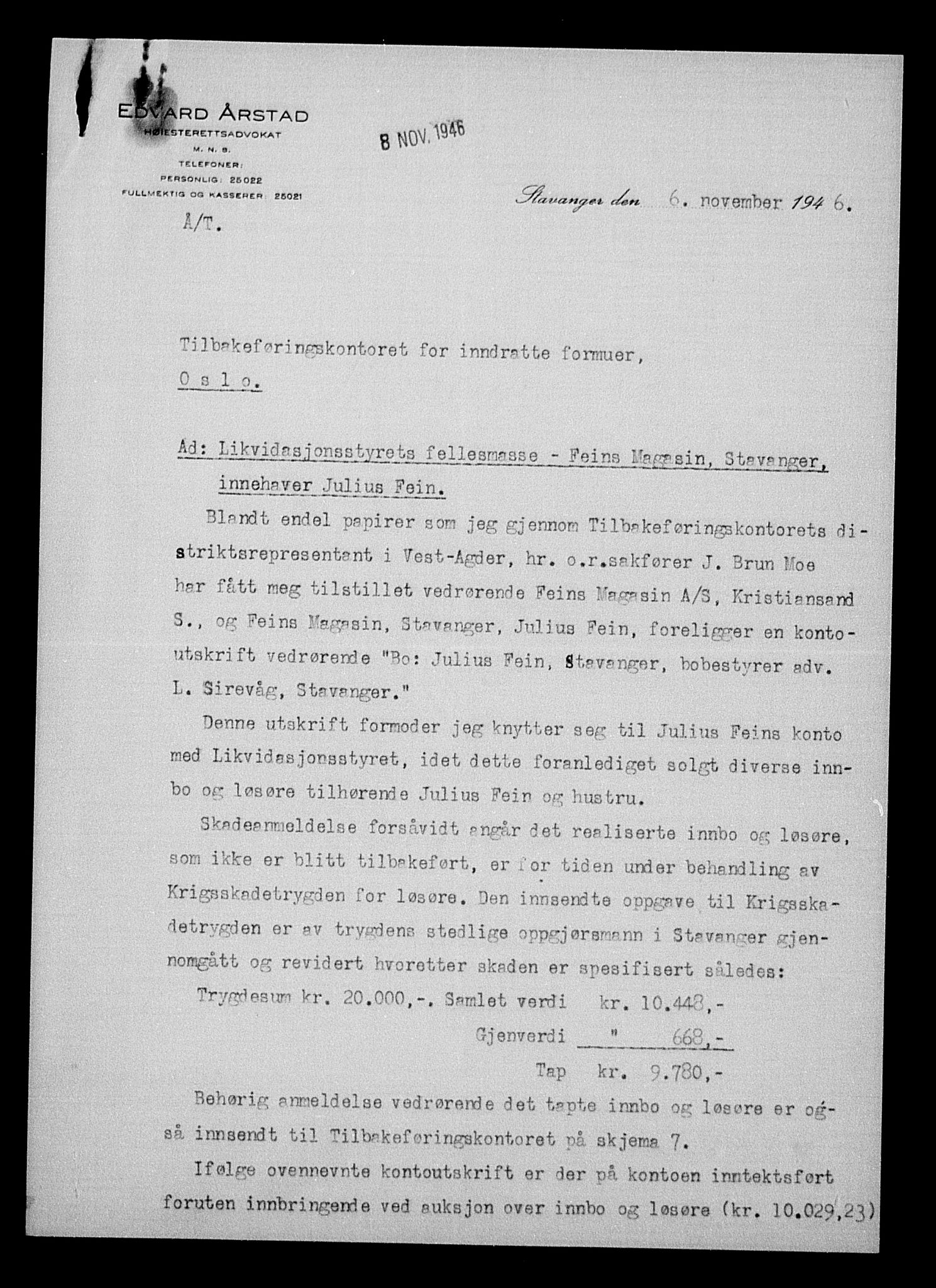 Justisdepartementet, Tilbakeføringskontoret for inndratte formuer, AV/RA-S-1564/H/Hc/Hcd/L0995: --, 1945-1947, p. 284