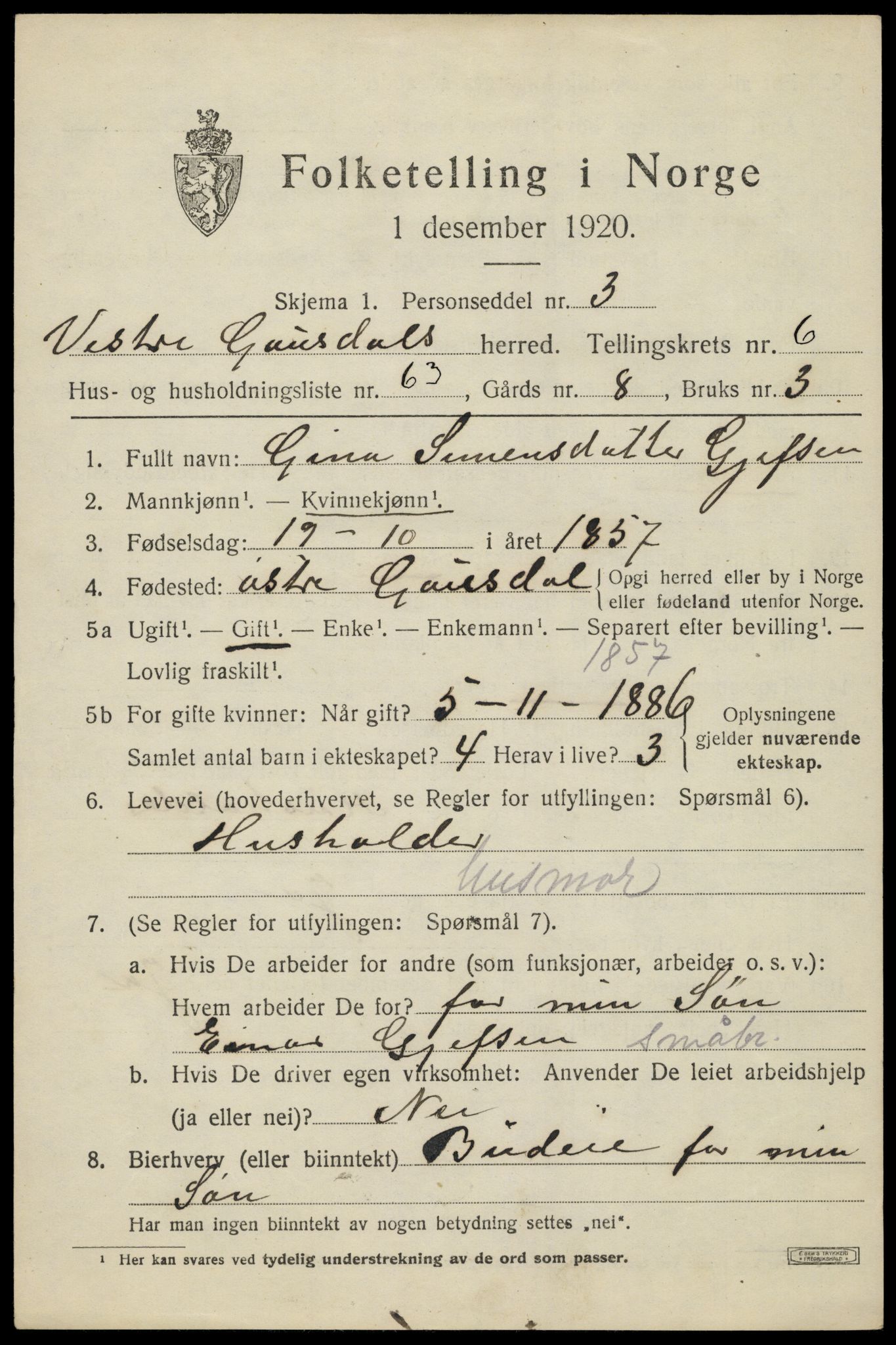 SAH, 1920 census for Vestre Gausdal, 1920, p. 5335