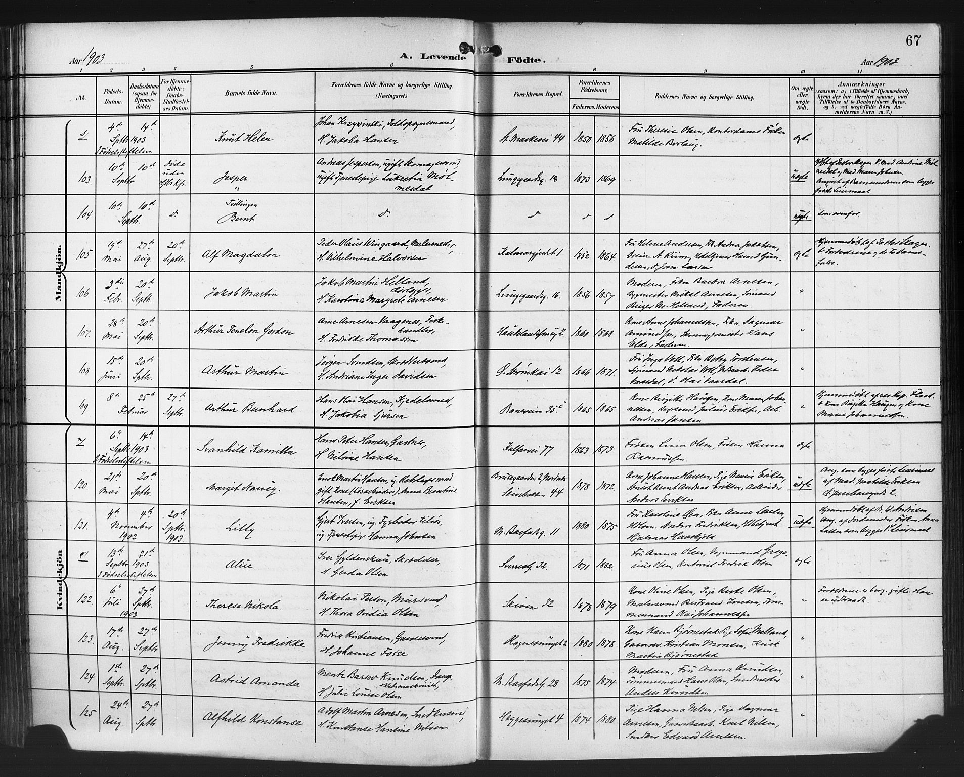 Domkirken sokneprestembete, AV/SAB-A-74801/H/Hab/L0017: Parish register (copy) no. B 10, 1900-1915, p. 67