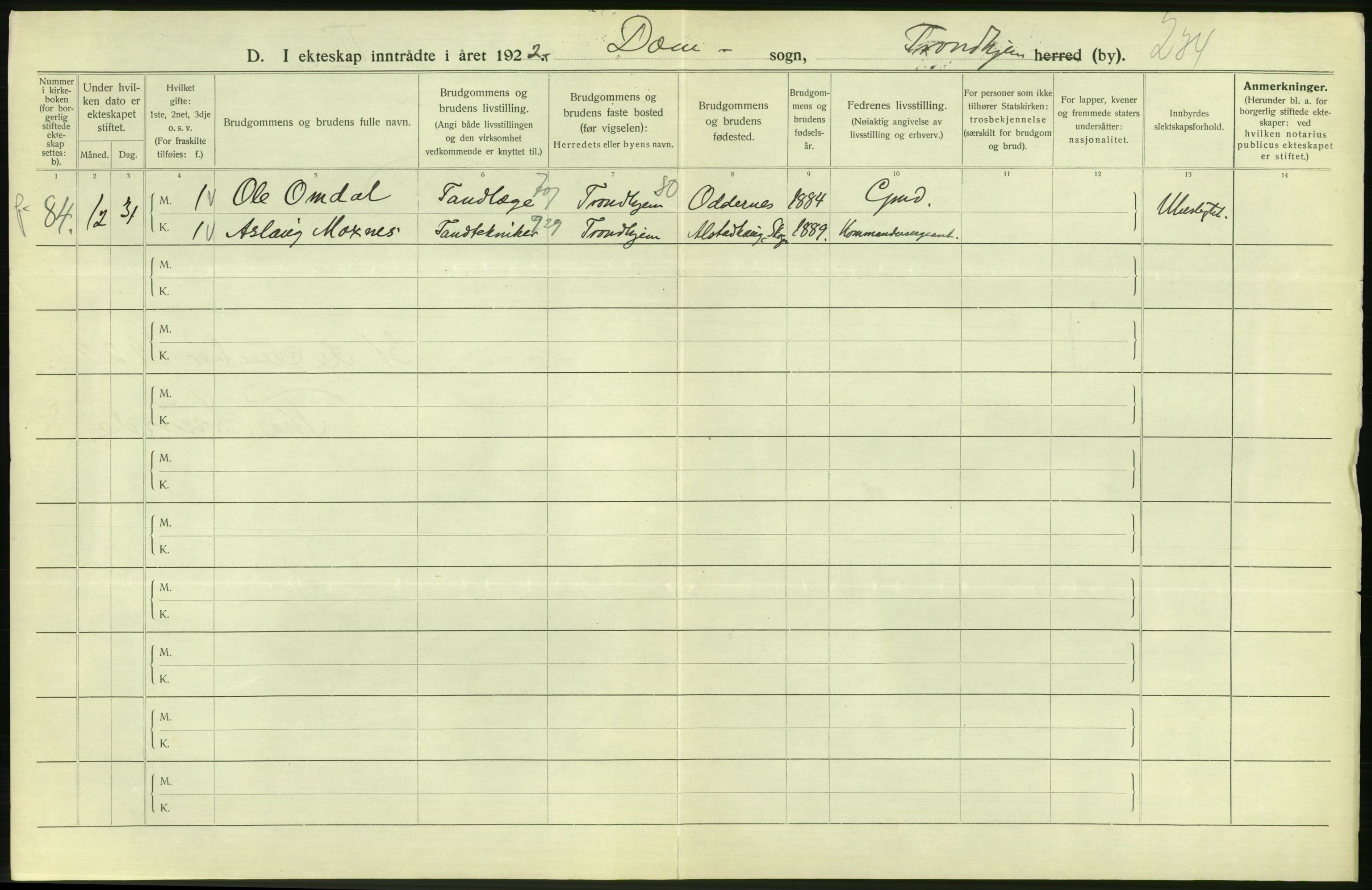 Statistisk sentralbyrå, Sosiodemografiske emner, Befolkning, AV/RA-S-2228/D/Df/Dfc/Dfcb/L0040: Trondheim: Gifte, døde, dødfødte., 1922, p. 78